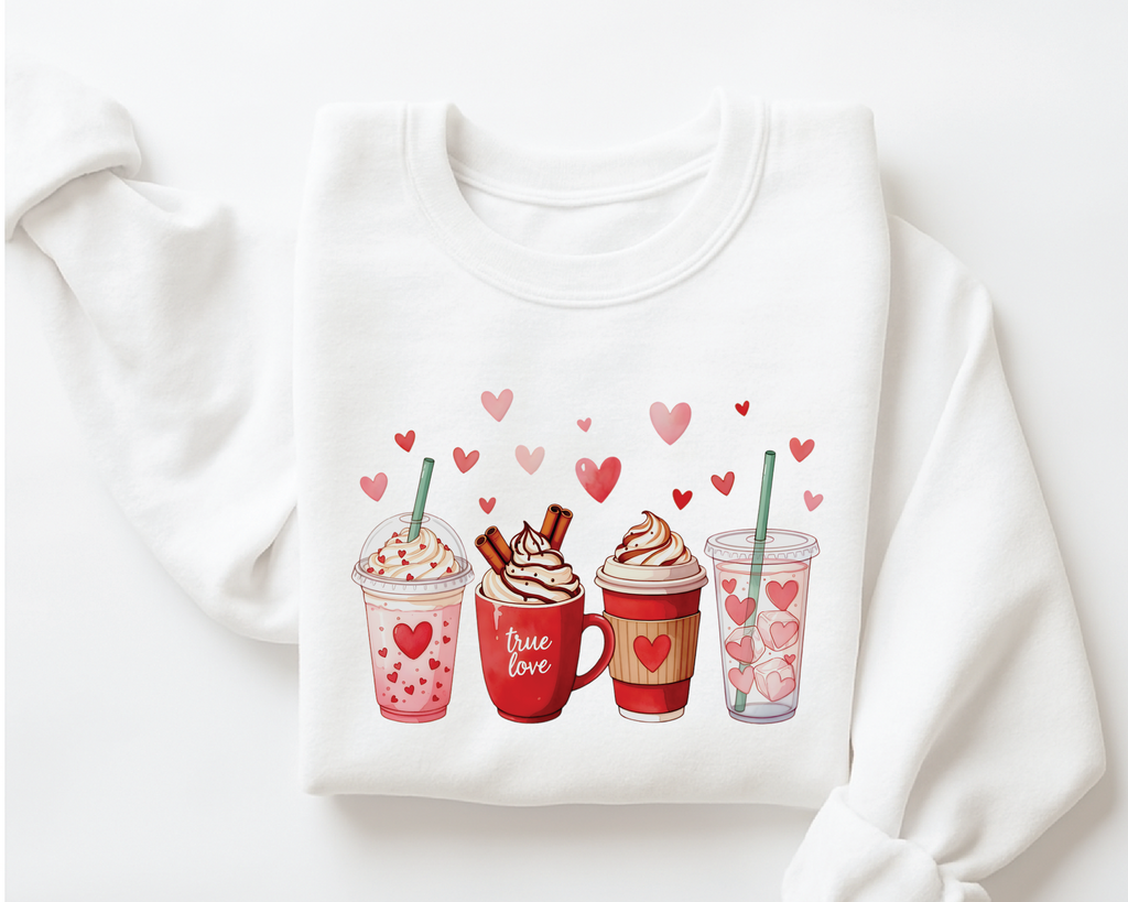 Valentine's Day Coffee Drinks Sweatshirt - Cute Latte & Iced Coffee Crewneck - VL41