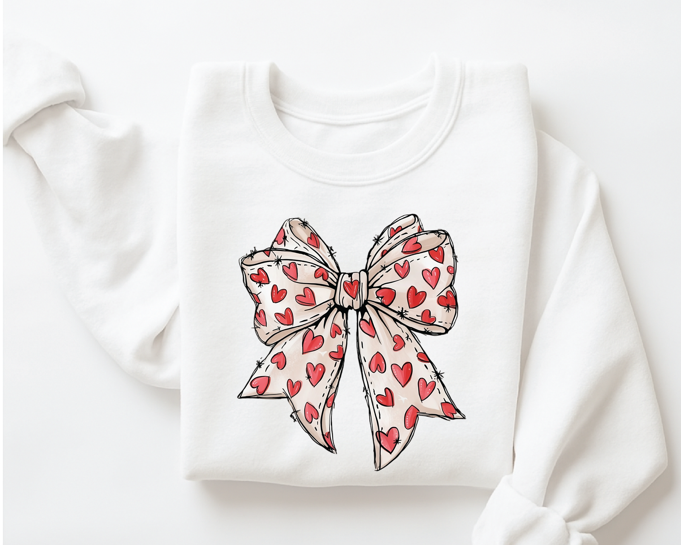 Coquette Sketch Bow Sweatshirt - Hand-Drawn Heart Ribbon Valentine's Crewneck - vl36