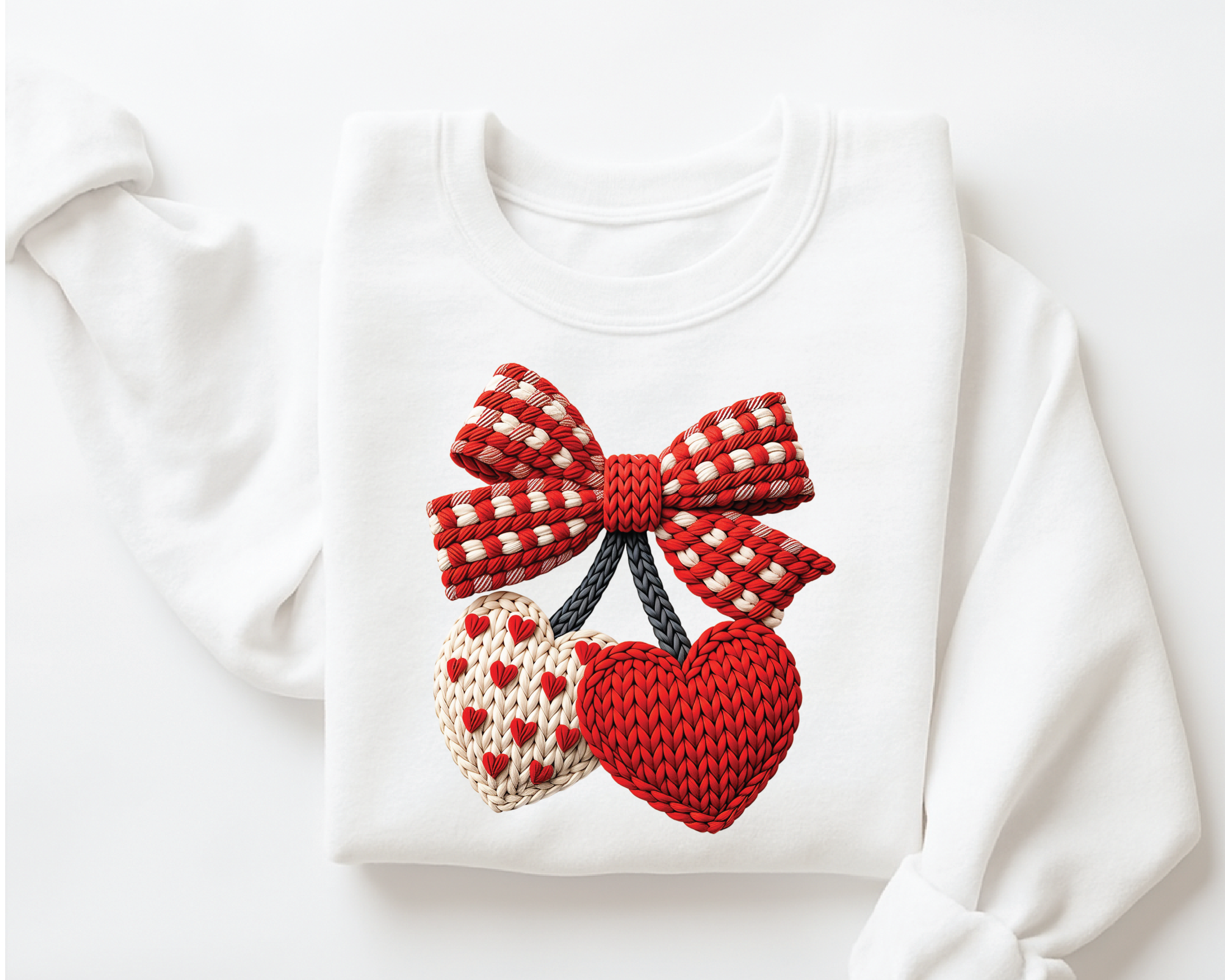 Coquette Cherry Bow Sweatshirt - Faux Embroidery Knit Look Valentine's Crewneck -VL22