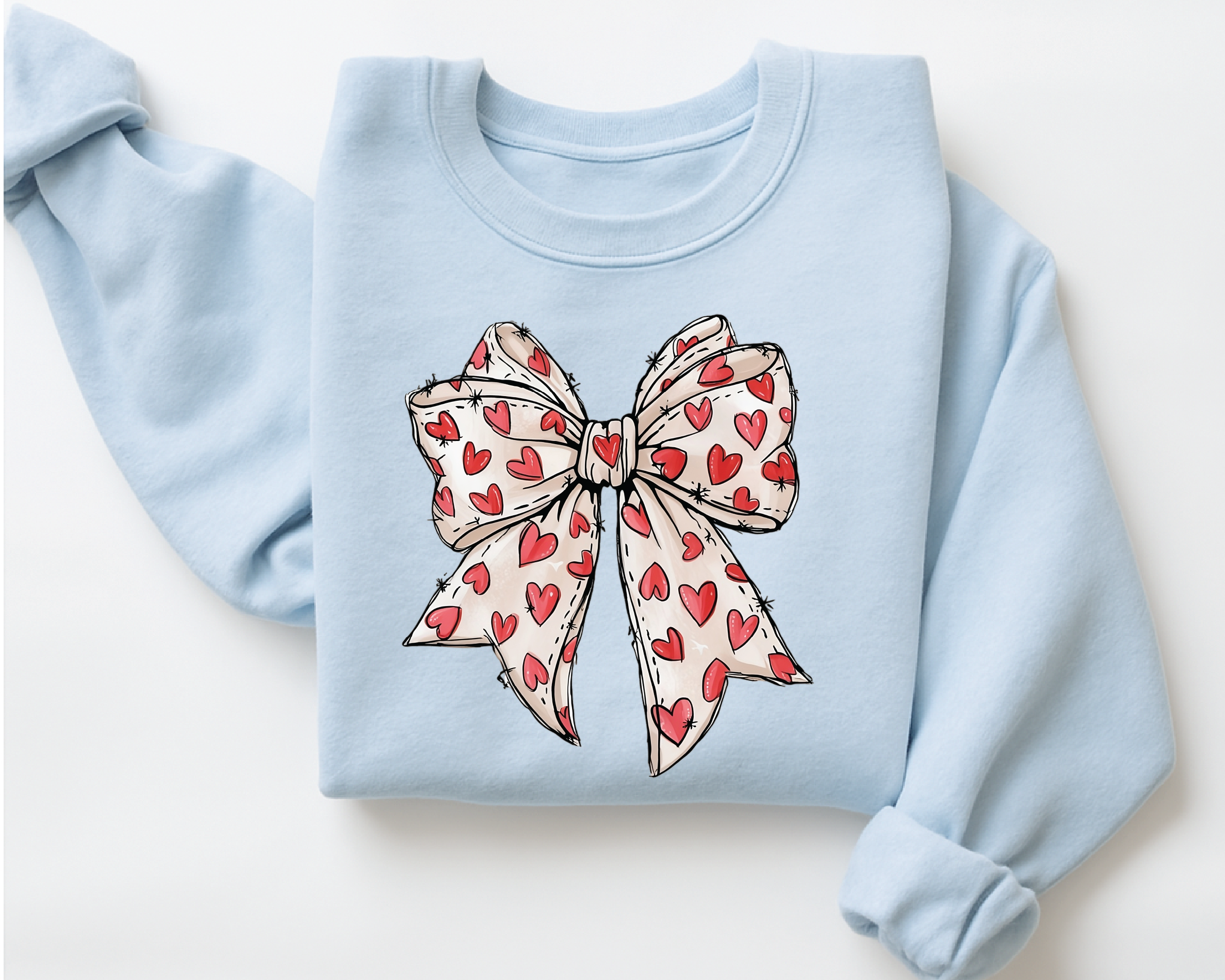 Coquette Sketch Bow Sweatshirt - Hand-Drawn Heart Ribbon Valentine's Crewneck - vl36