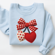 Coquette Cherry Bow Sweatshirt - Faux Embroidery Knit Look Valentine's Crewneck -VL22