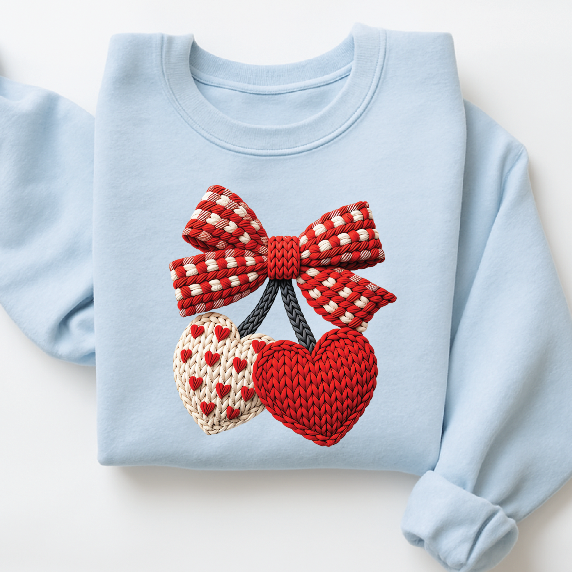 Coquette Cherry Bow Sweatshirt - Faux Embroidery Knit Look Valentine's Crewneck -VL22