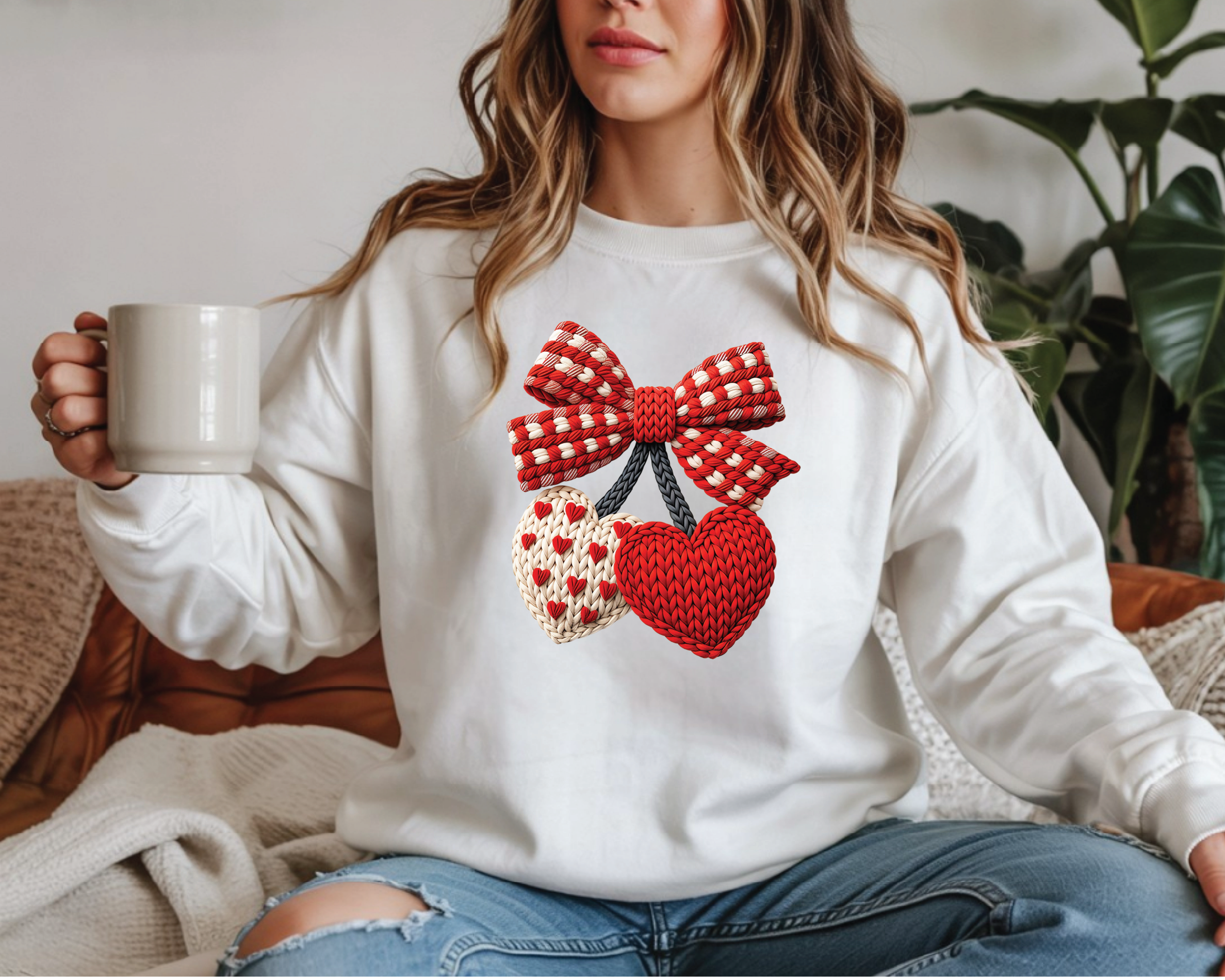 Coquette Cherry Bow Sweatshirt - Faux Embroidery Knit Look Valentine's Crewneck -VL22