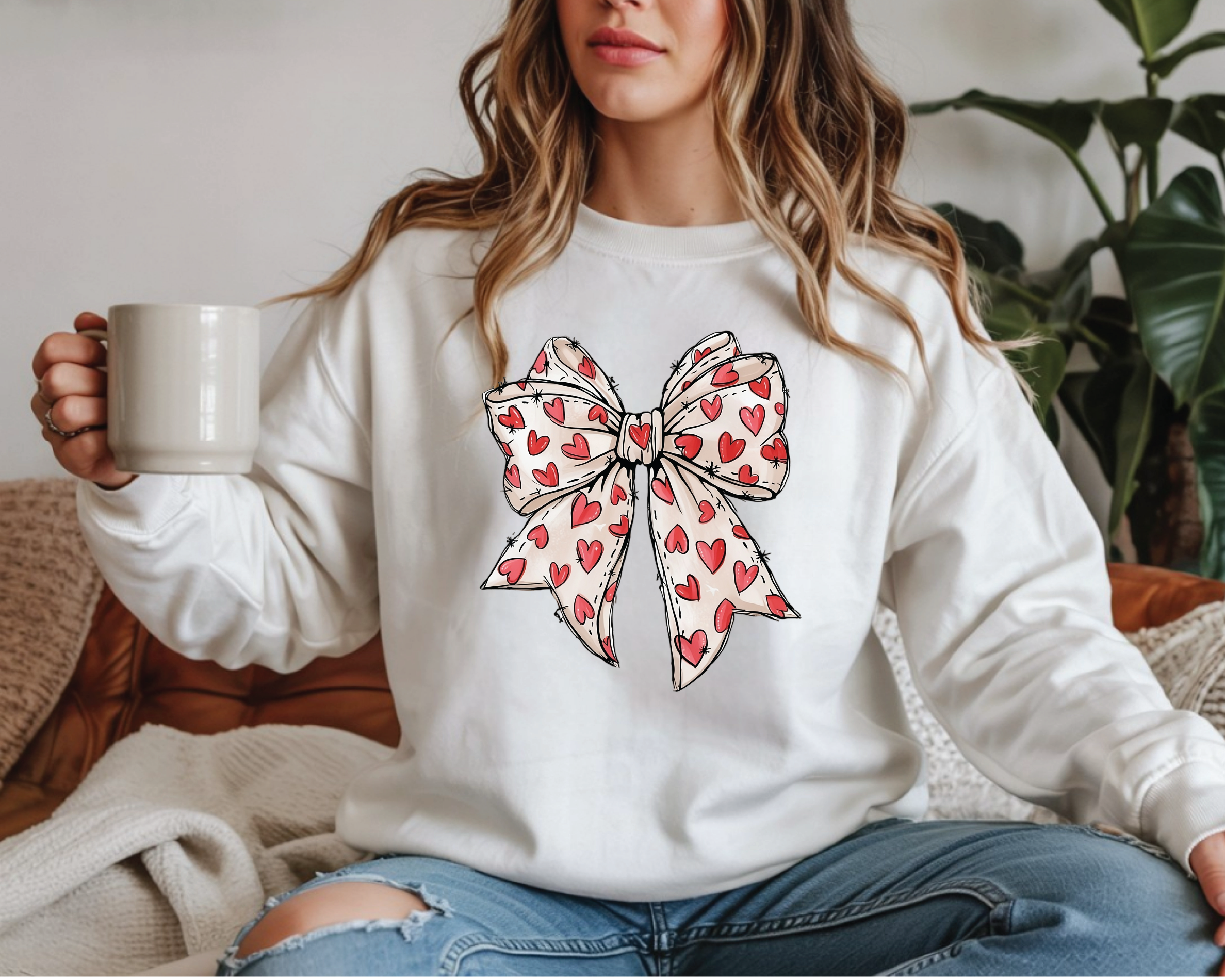 Coquette Sketch Bow Sweatshirt - Hand-Drawn Heart Ribbon Valentine's Crewneck - vl36