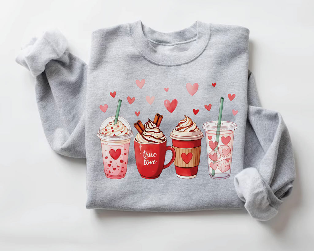 Valentine's Day Coffee Drinks Sweatshirt - Cute Latte & Iced Coffee Crewneck - VL41