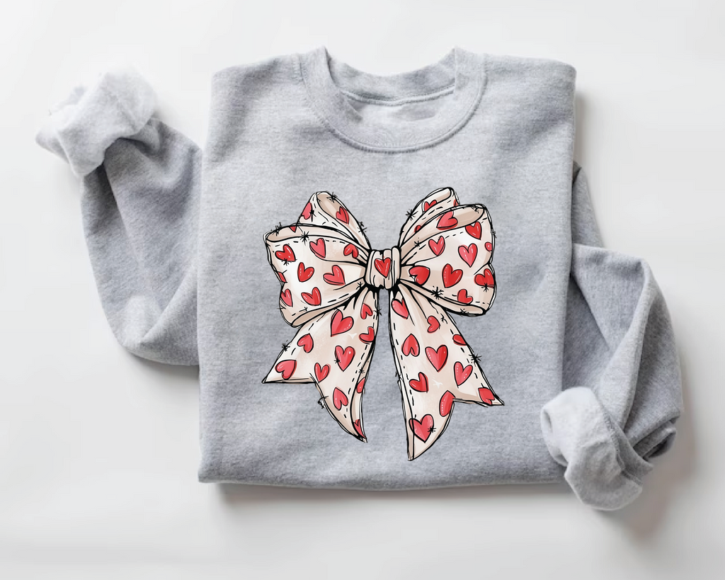 Coquette Sketch Bow Sweatshirt - Hand-Drawn Heart Ribbon Valentine's Crewneck - vl36