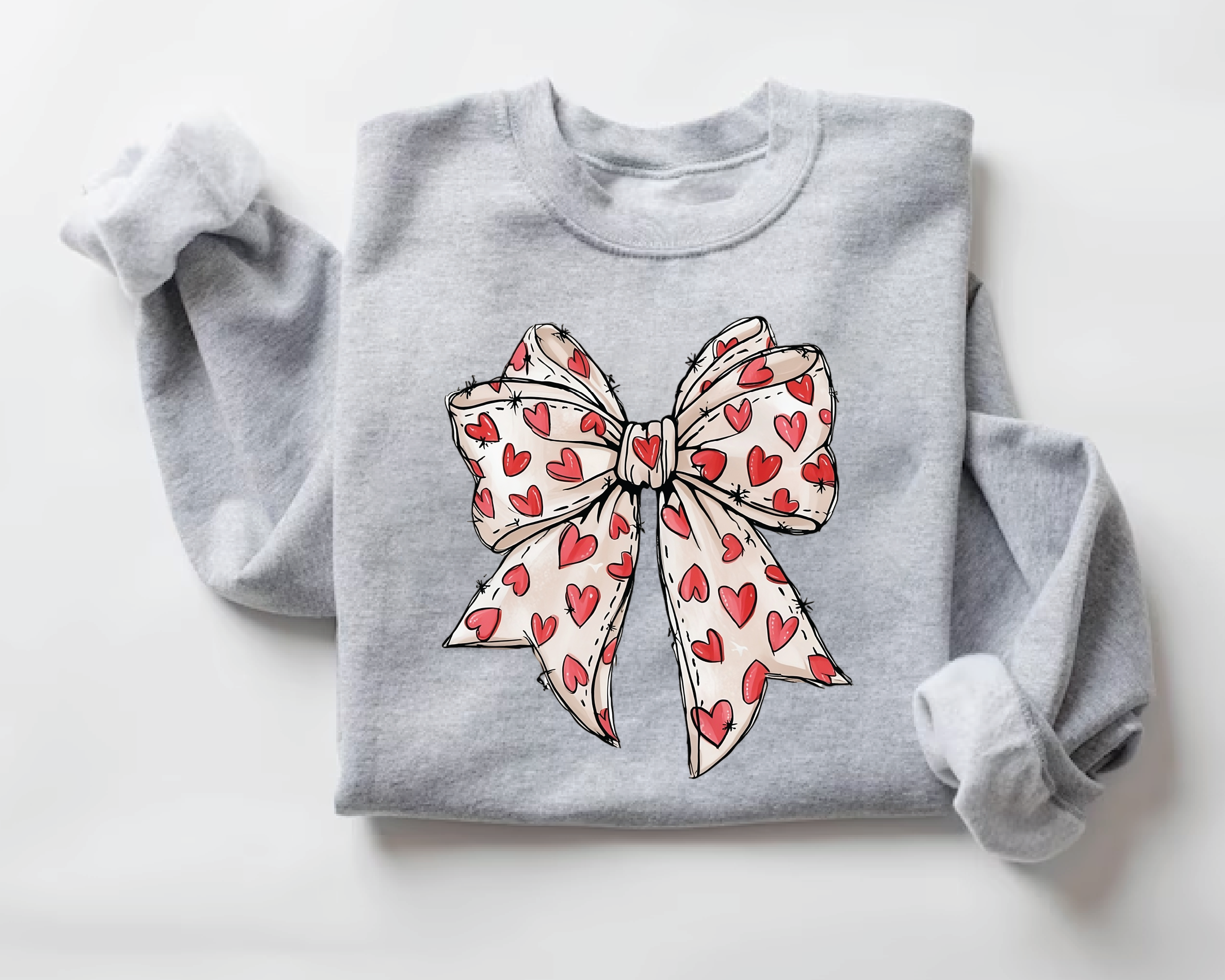 Coquette Sketch Bow Sweatshirt - Hand-Drawn Heart Ribbon Valentine's Crewneck - vl36