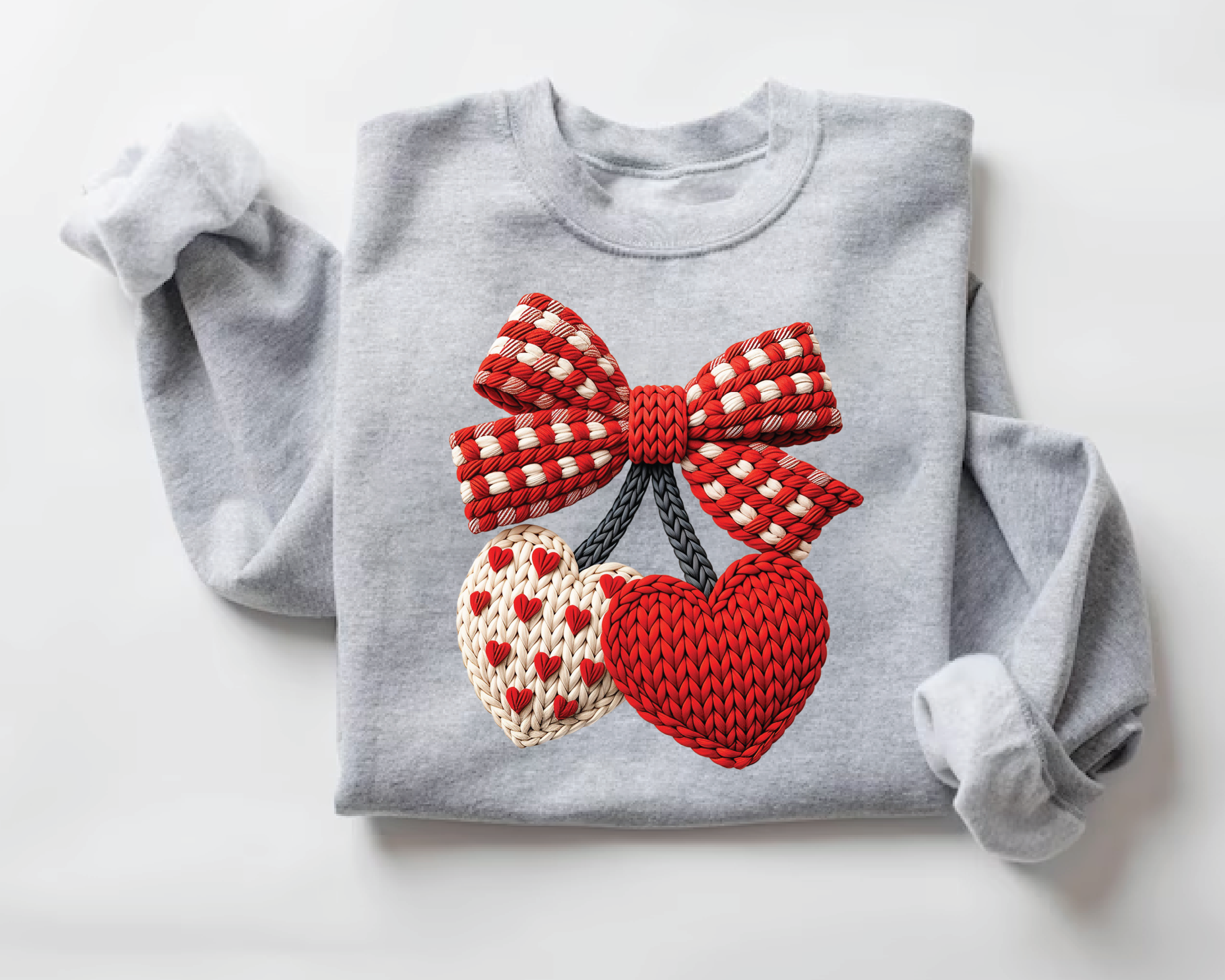 Coquette Cherry Bow Sweatshirt - Faux Embroidery Knit Look Valentine's Crewneck -VL22
