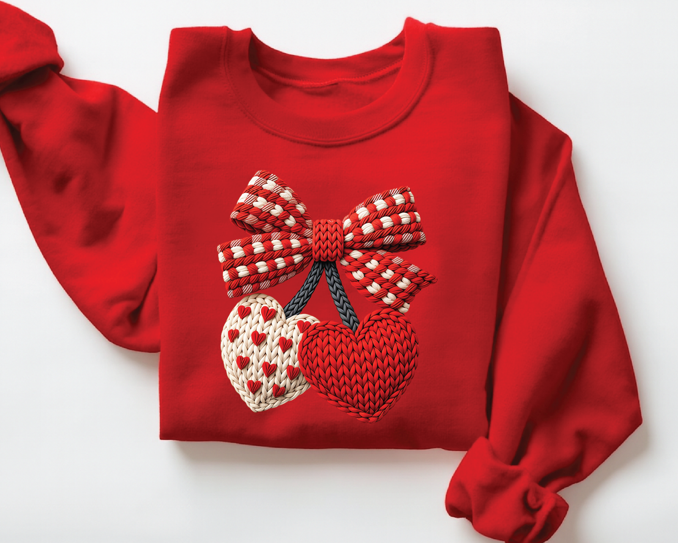 Coquette Cherry Bow Sweatshirt - Faux Embroidery Knit Look Valentine's Crewneck -VL22