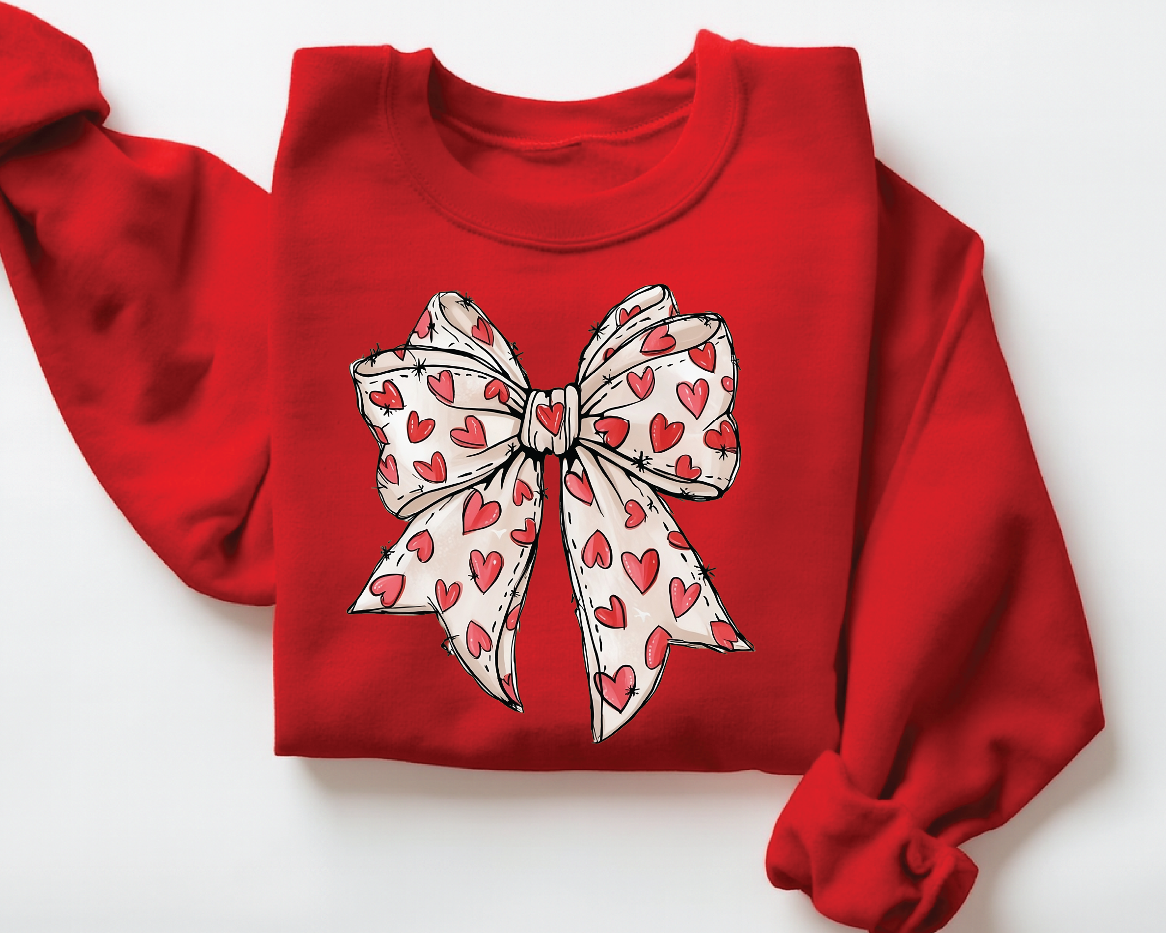 Coquette Sketch Bow Sweatshirt - Hand-Drawn Heart Ribbon Valentine's Crewneck - vl36