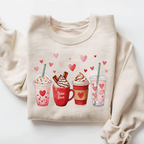Sand beige pullover sweatshirt with a cute row of coffee cups and heart decorations.