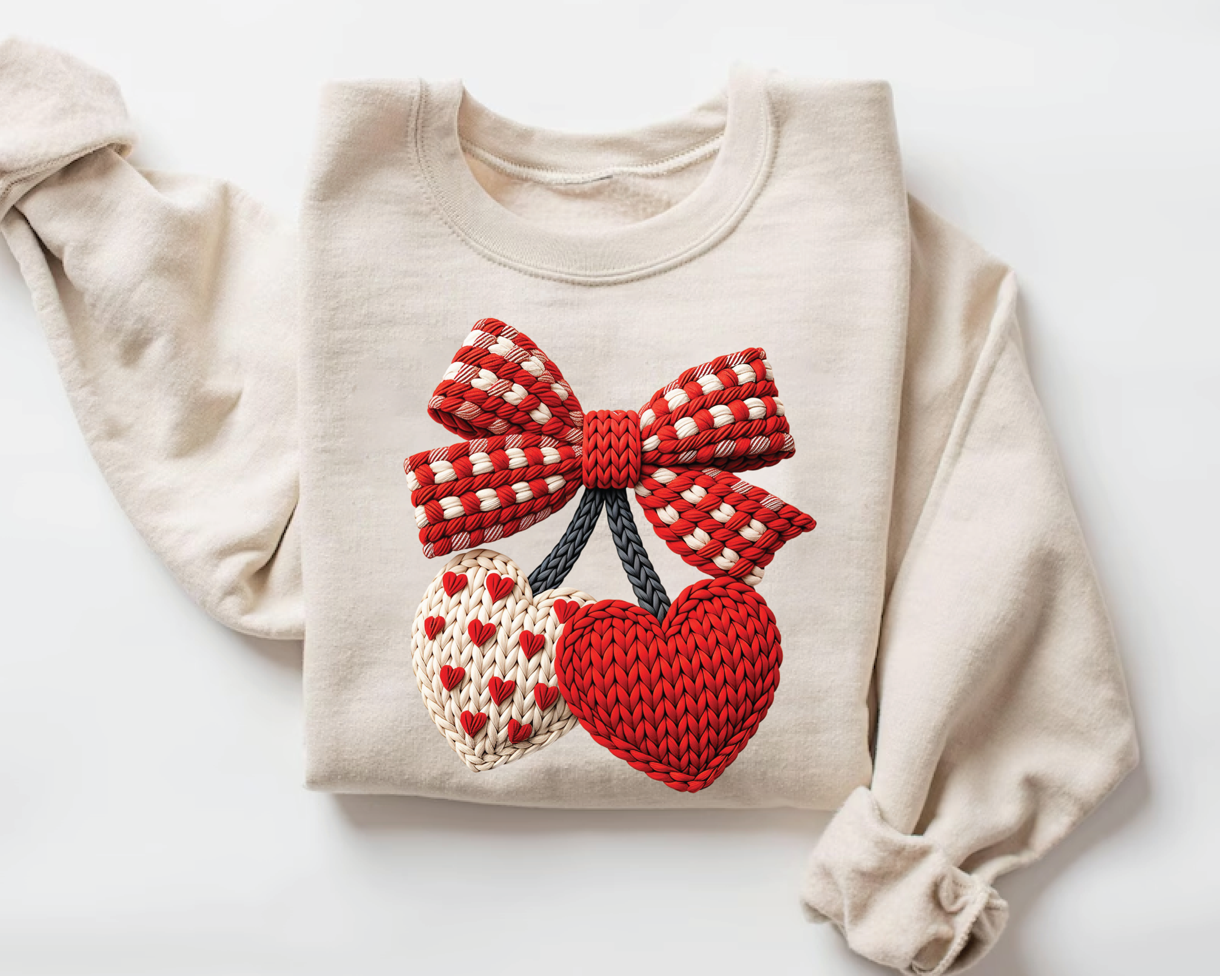 Coquette Cherry Bow Sweatshirt - Faux Embroidery Knit Look Valentine's Crewneck -VL22