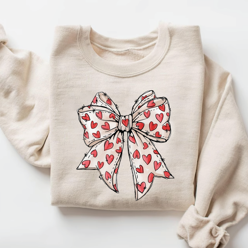 Coquette Sketch Bow Sweatshirt - Hand-Drawn Heart Ribbon Valentine's Crewneck - vl36