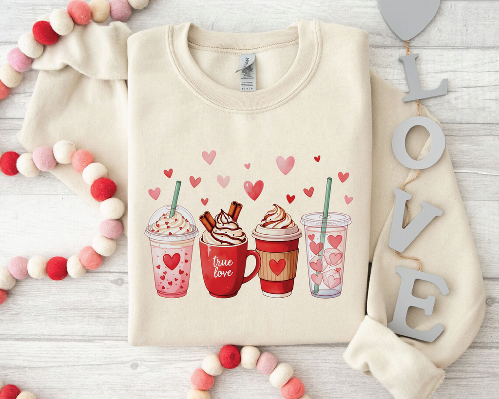 Valentine's Day Coffee Drinks Sweatshirt - Cute Latte & Iced Coffee Crewneck - VL41