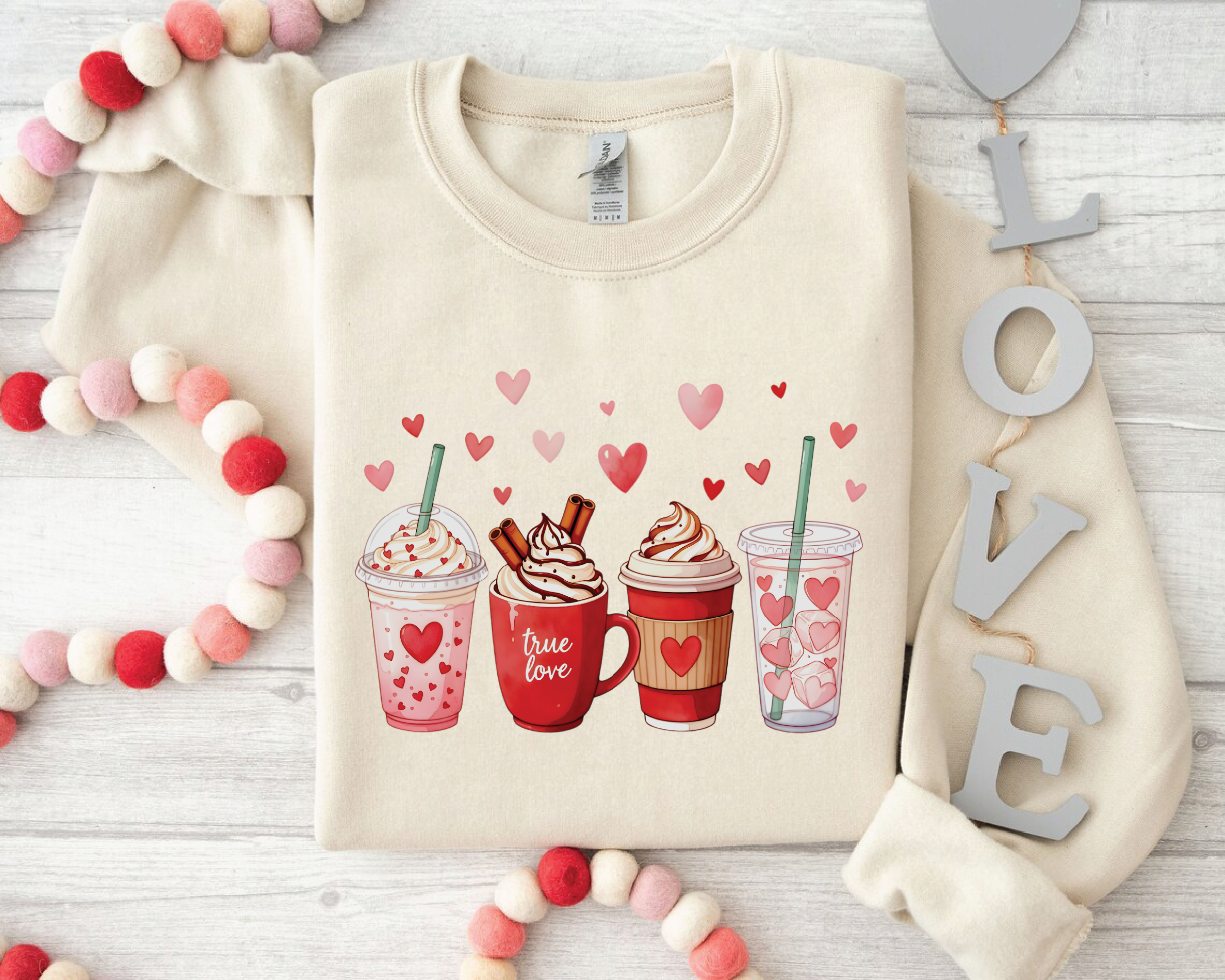Valentine's Day Coffee Drinks Sweatshirt - Cute Latte & Iced Coffee Crewneck - VL41