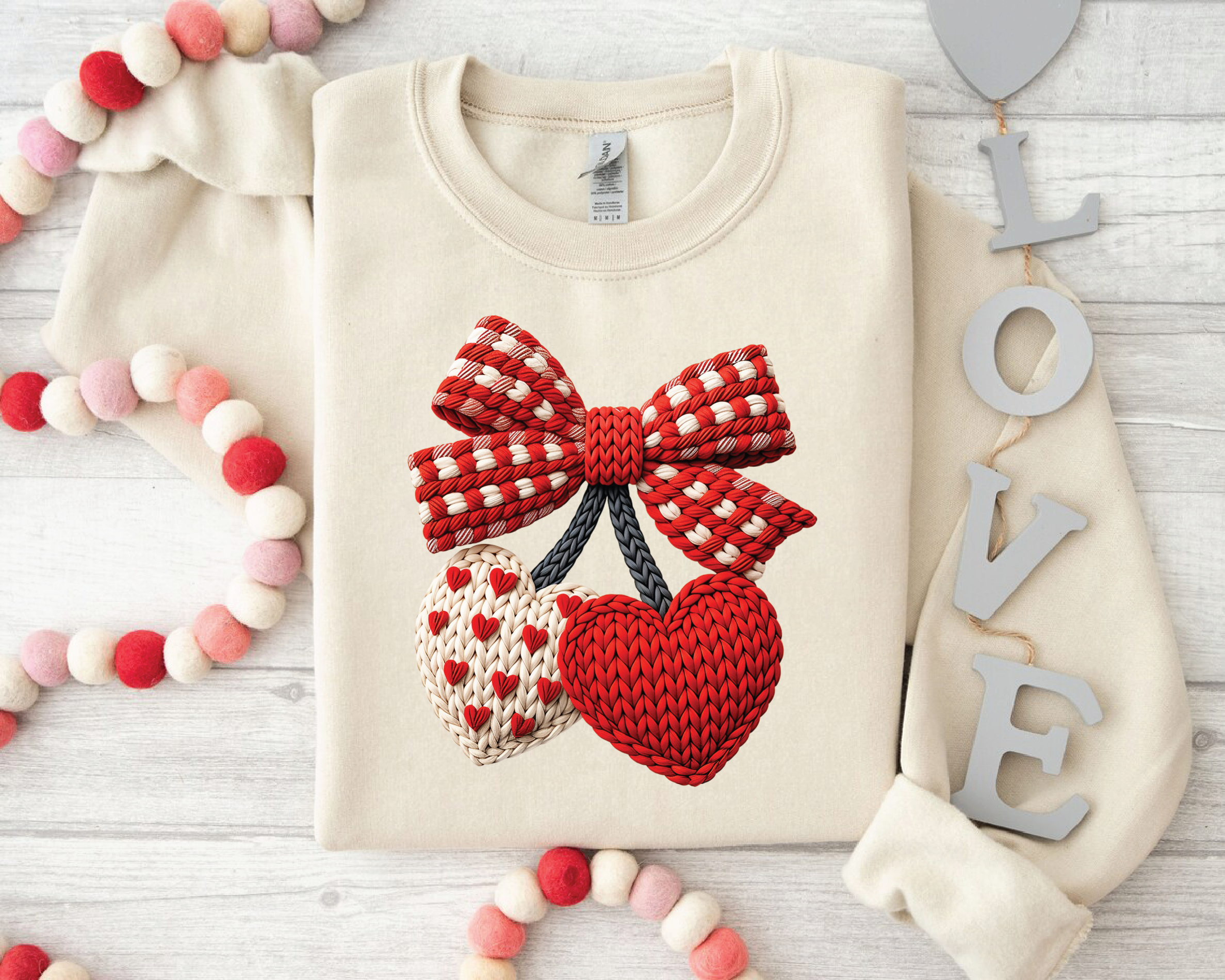 Coquette Cherry Bow Sweatshirt - Faux Embroidery Knit Look Valentine's Crewneck -VL22