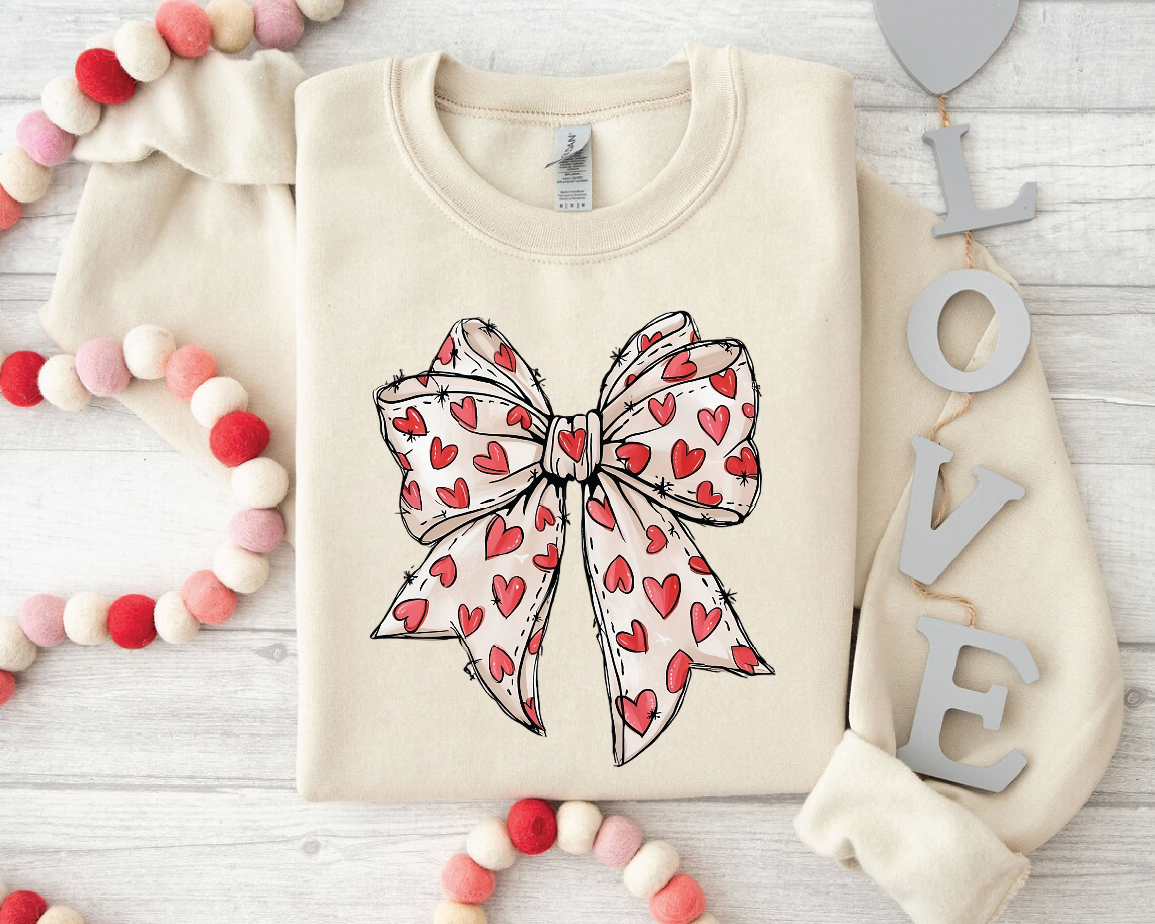 Coquette Sketch Bow Sweatshirt - Hand-Drawn Heart Ribbon Valentine's Crewneck - vl36