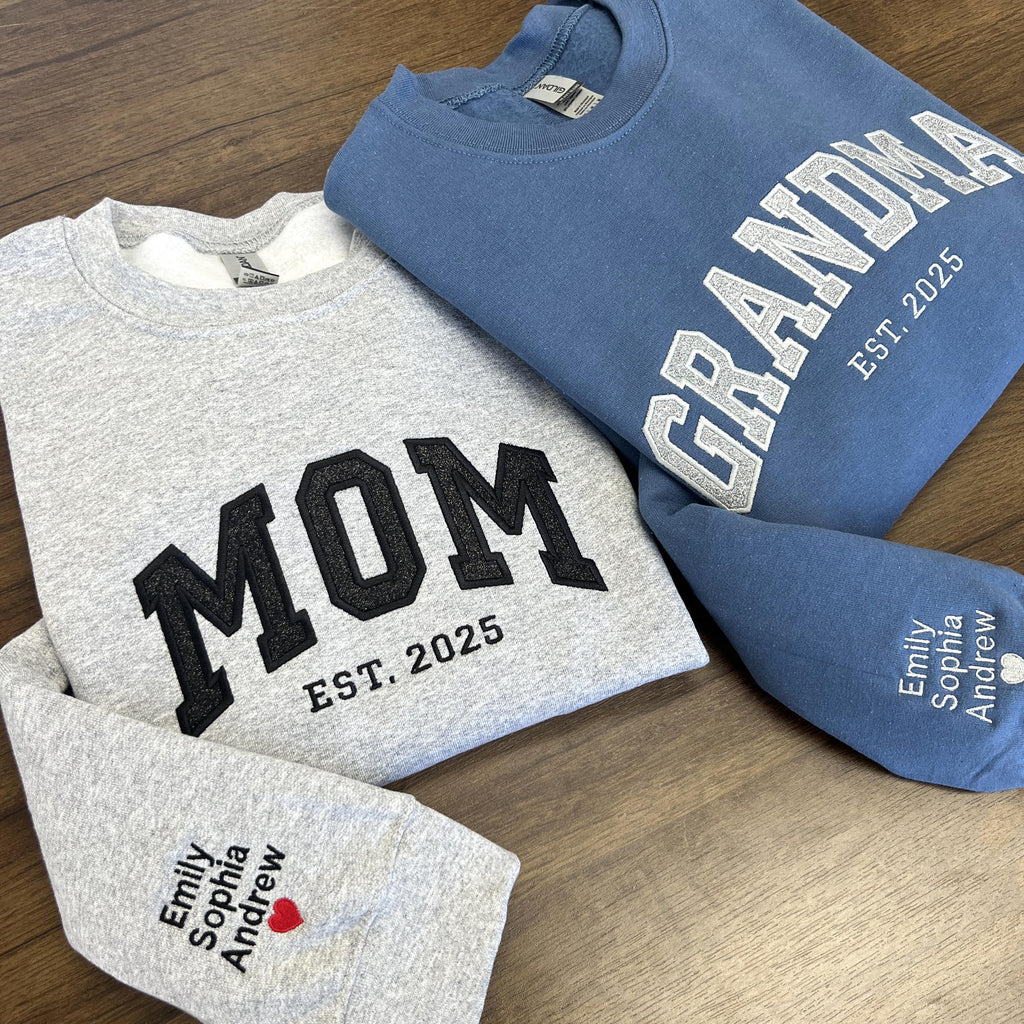 Custom Mom or Grandma Glitter Embroidery Shirt