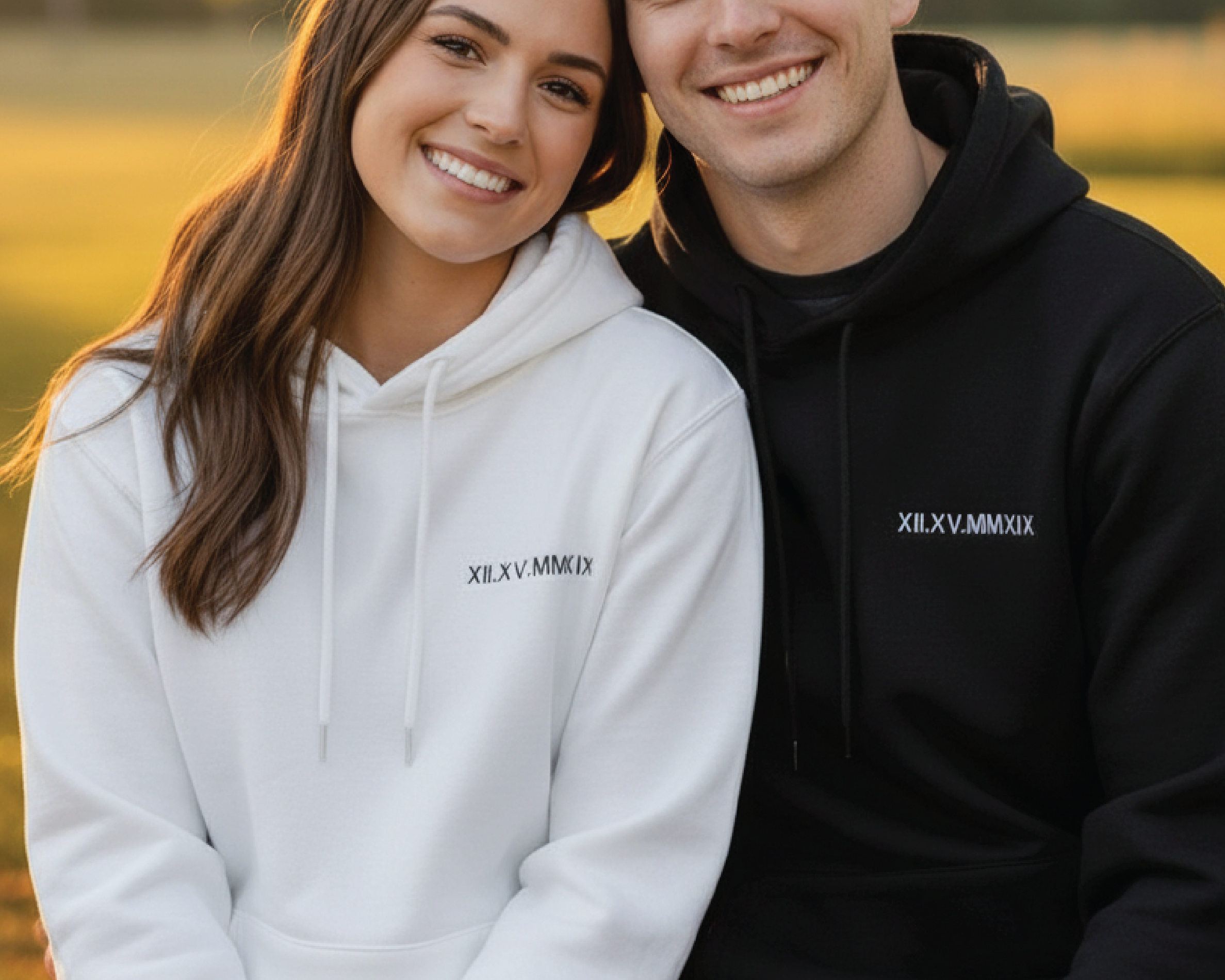 Personalized Couple Hoodie with Roman Numeral Date & Initial Sleeve – Matching His and Hers Sweatshirt