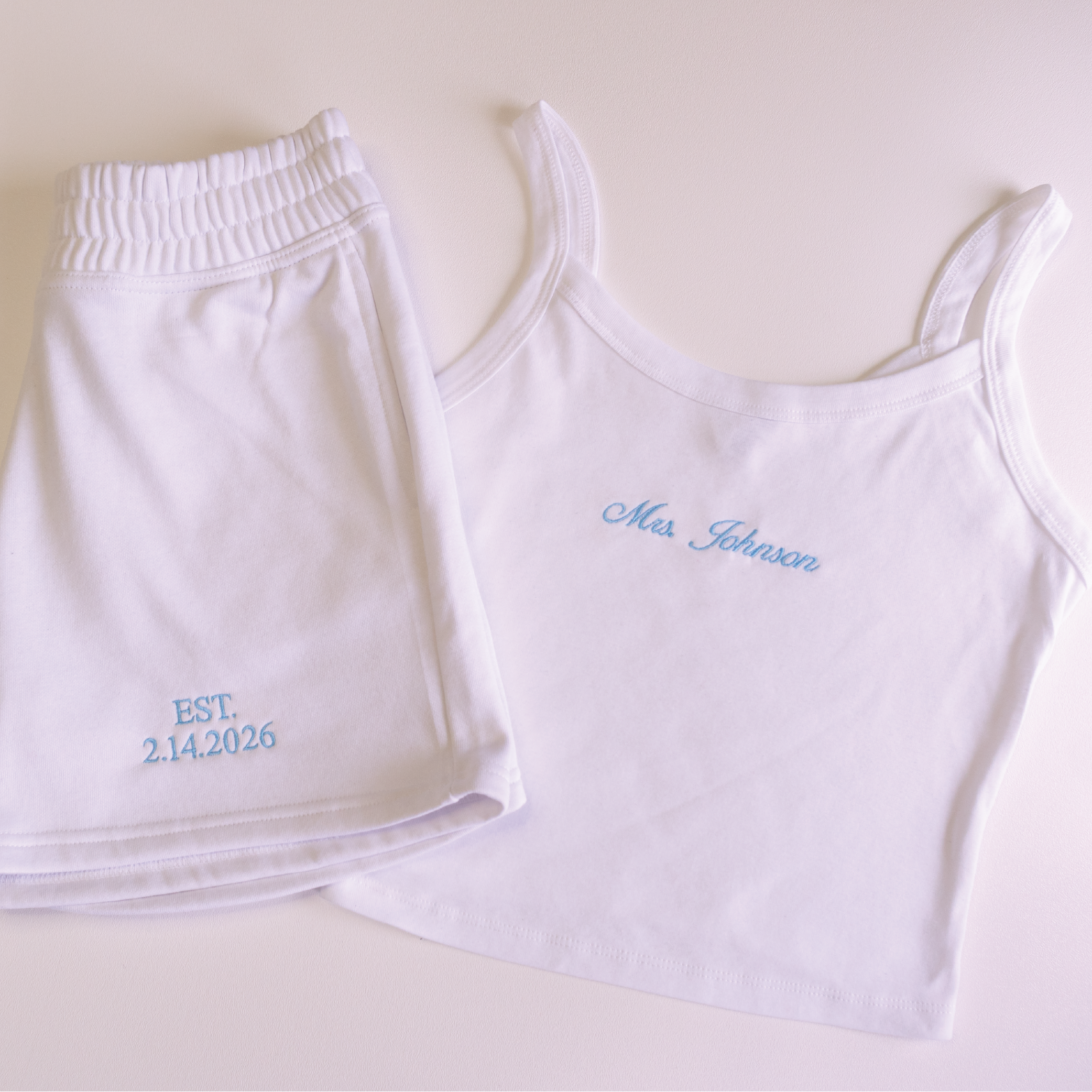 Custom Embroidered Mrs. Lounge Set - Personalized Bride Tank & Shorts