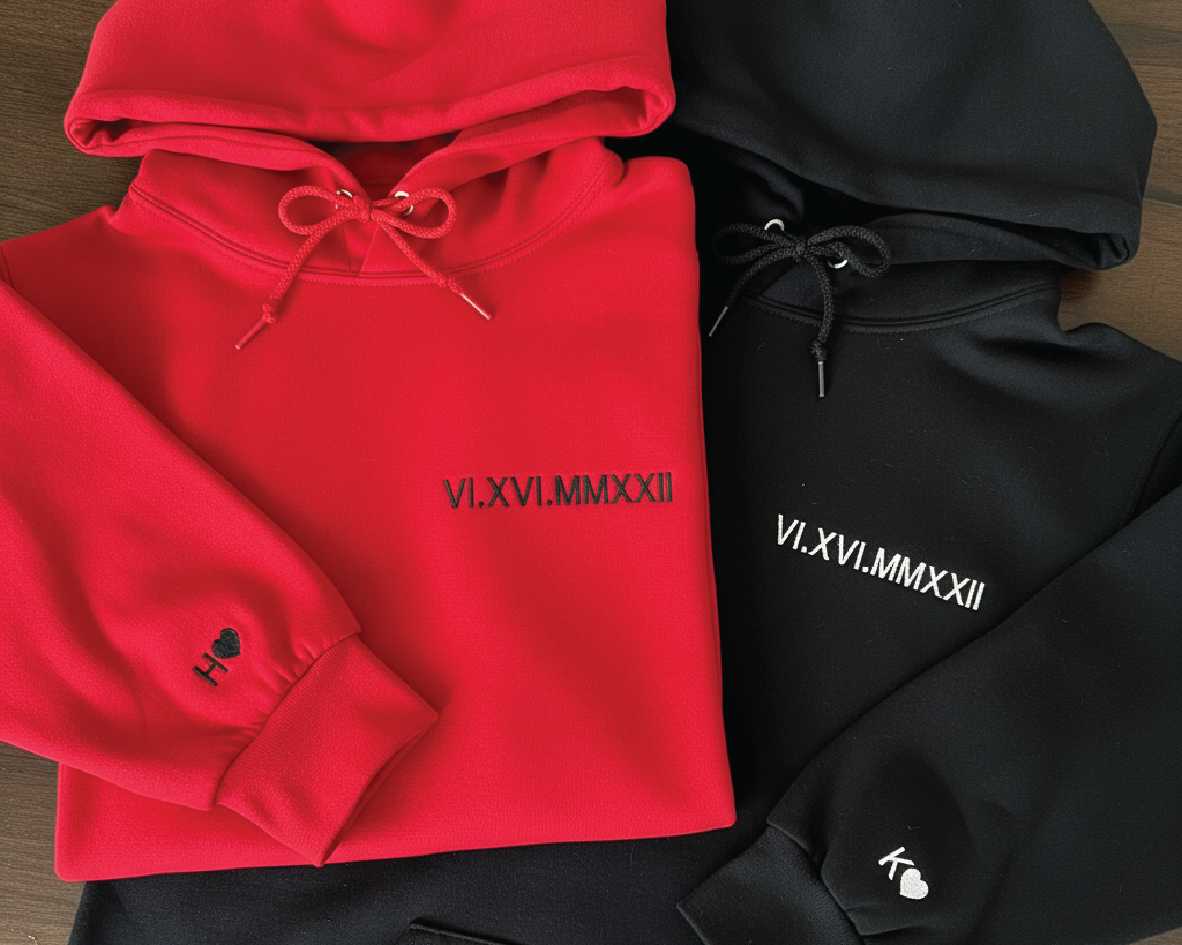Personalized Couple Hoodie with Roman Numeral Date & Initial Sleeve – Matching His and Hers Sweatshirt