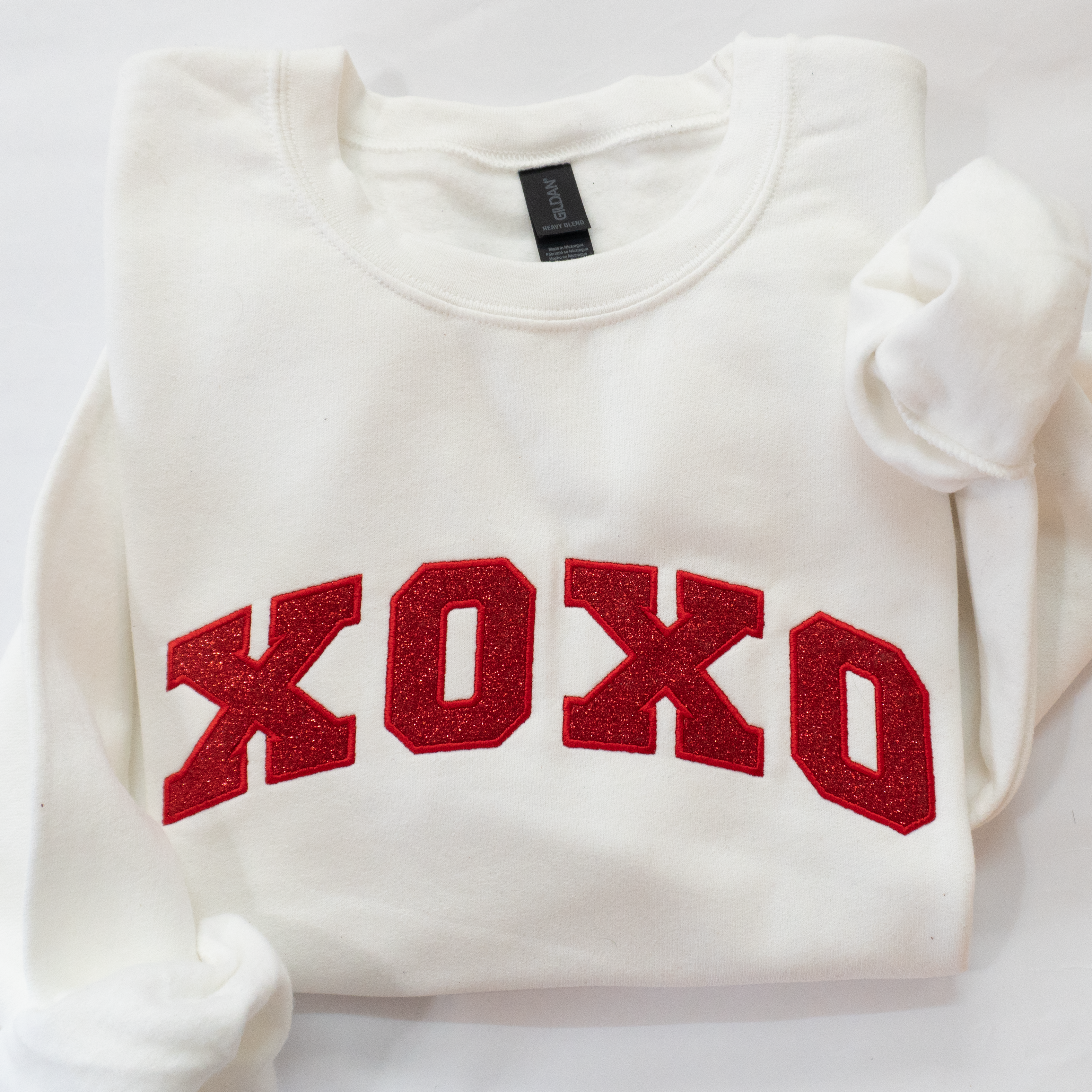 Red Glitter Appliqué XOXO Sweatshirt - Embroidered Varsity Valentine's Crewneck