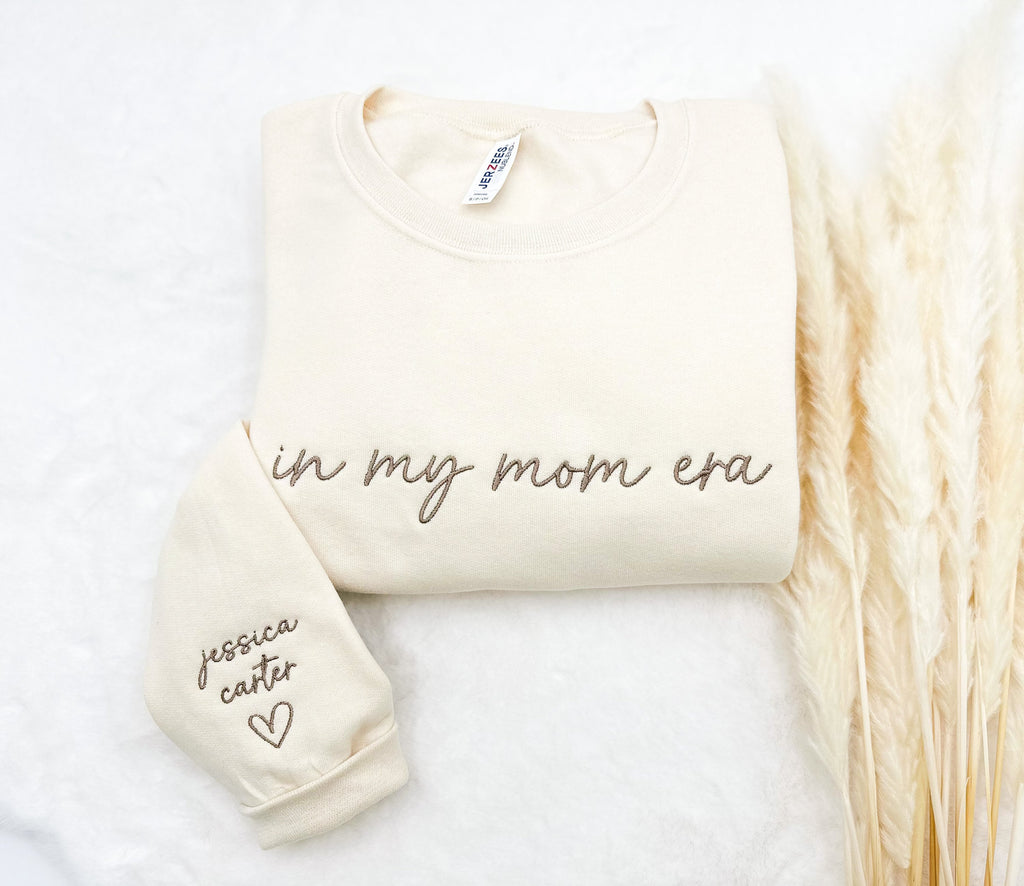 In My Mom Era Sweatshirt – Embroidered Custom Name Sleeve, Minimalist Mom Gift
