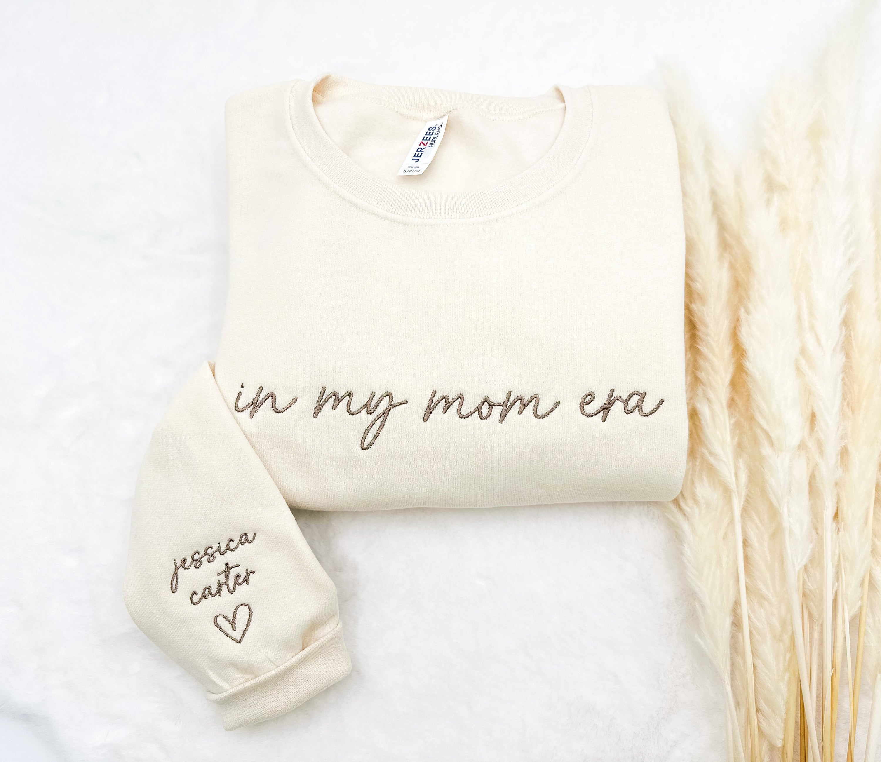 In My Mom Era Sweatshirt – Embroidered Custom Name Sleeve, Minimalist Mom Gift