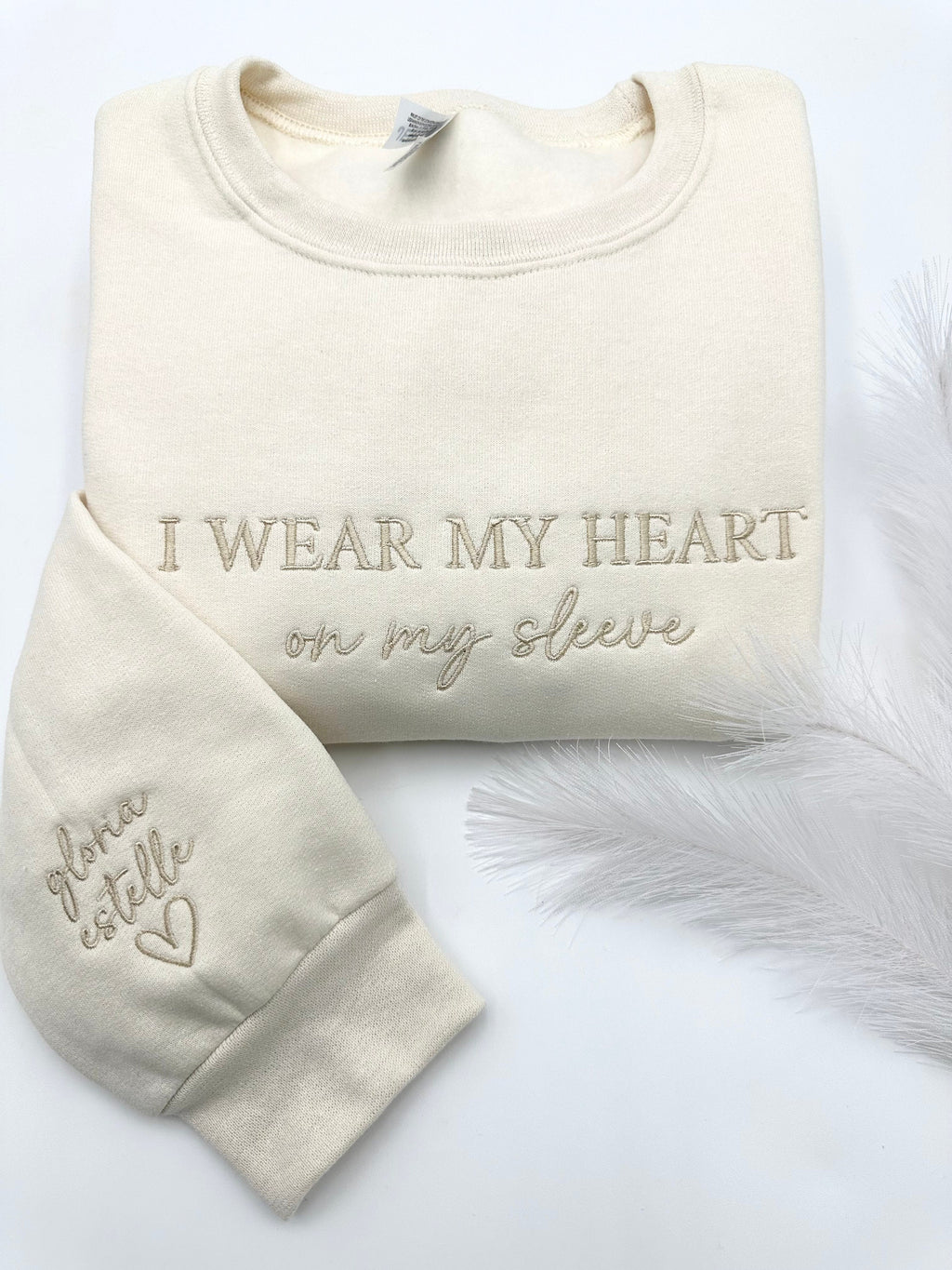 I Wear My Heart On My Sleeve Sweatshirt – Custom Name Embroidery, Minimalist Mom Gift
