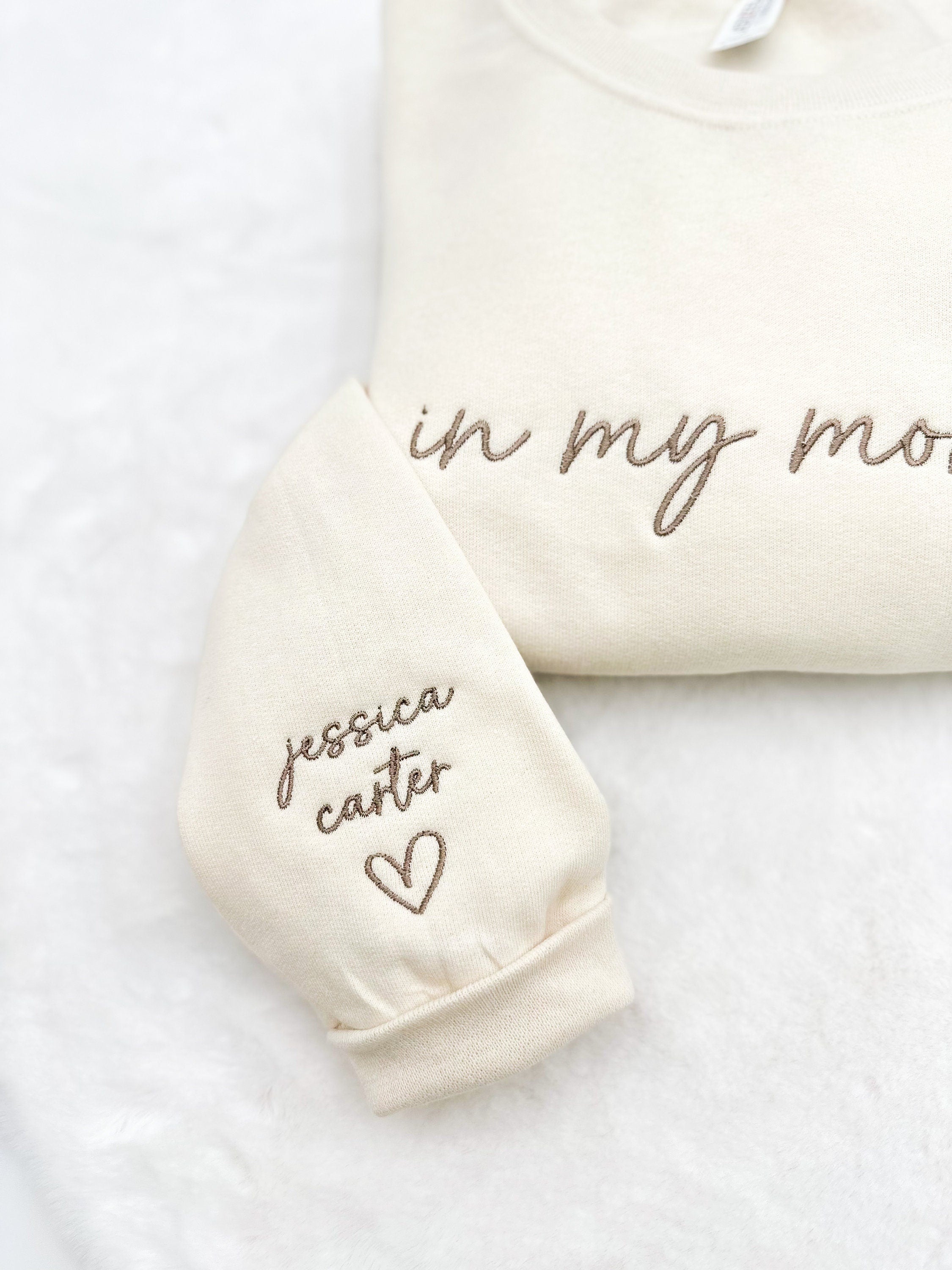 In My Mom Era Sweatshirt – Embroidered Custom Name Sleeve, Minimalist Mom Gift