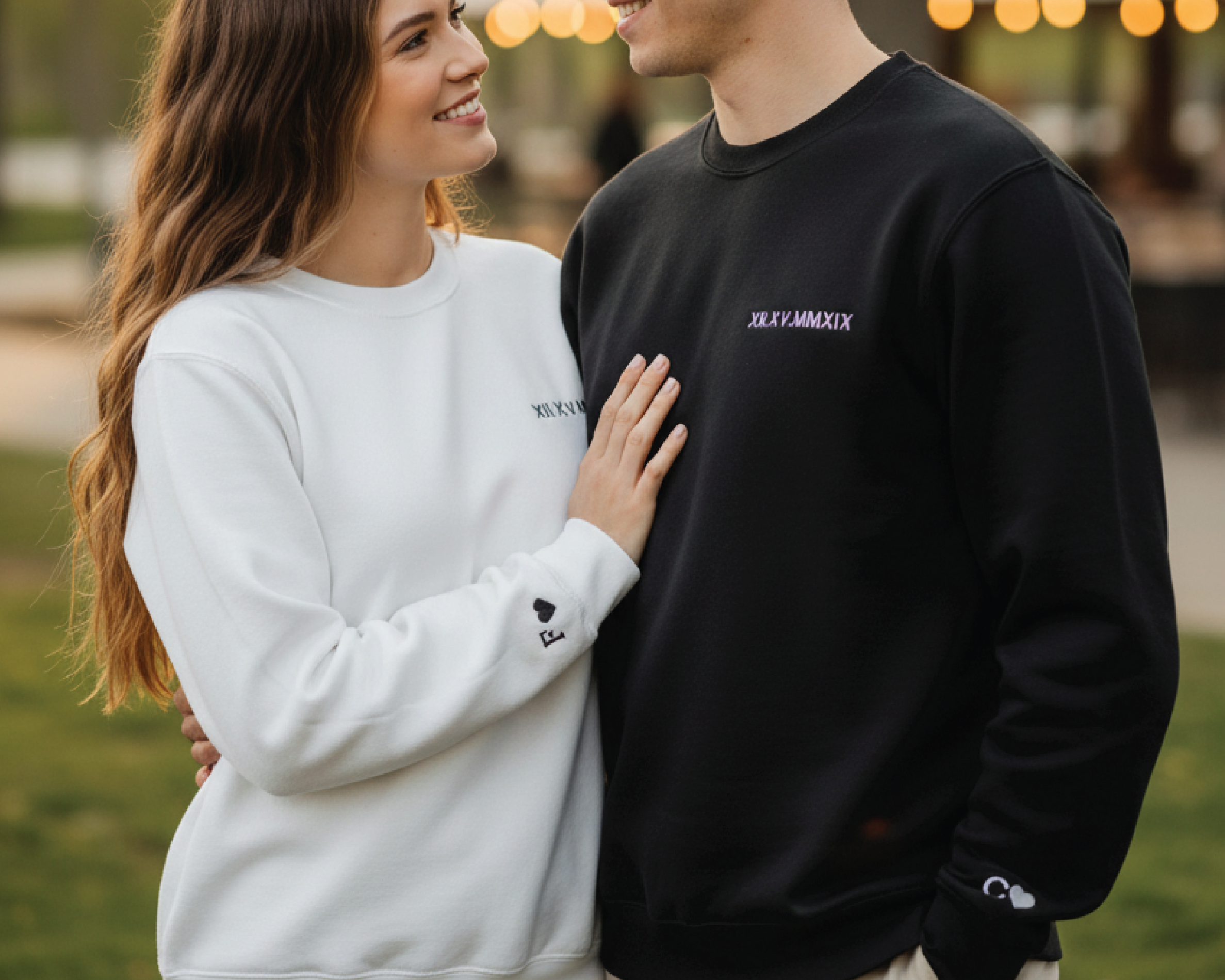 Personalized Couple Sweatshirt with Roman Numeral Date & Initial Sleeve – Matching His and Hers Sweatshirt