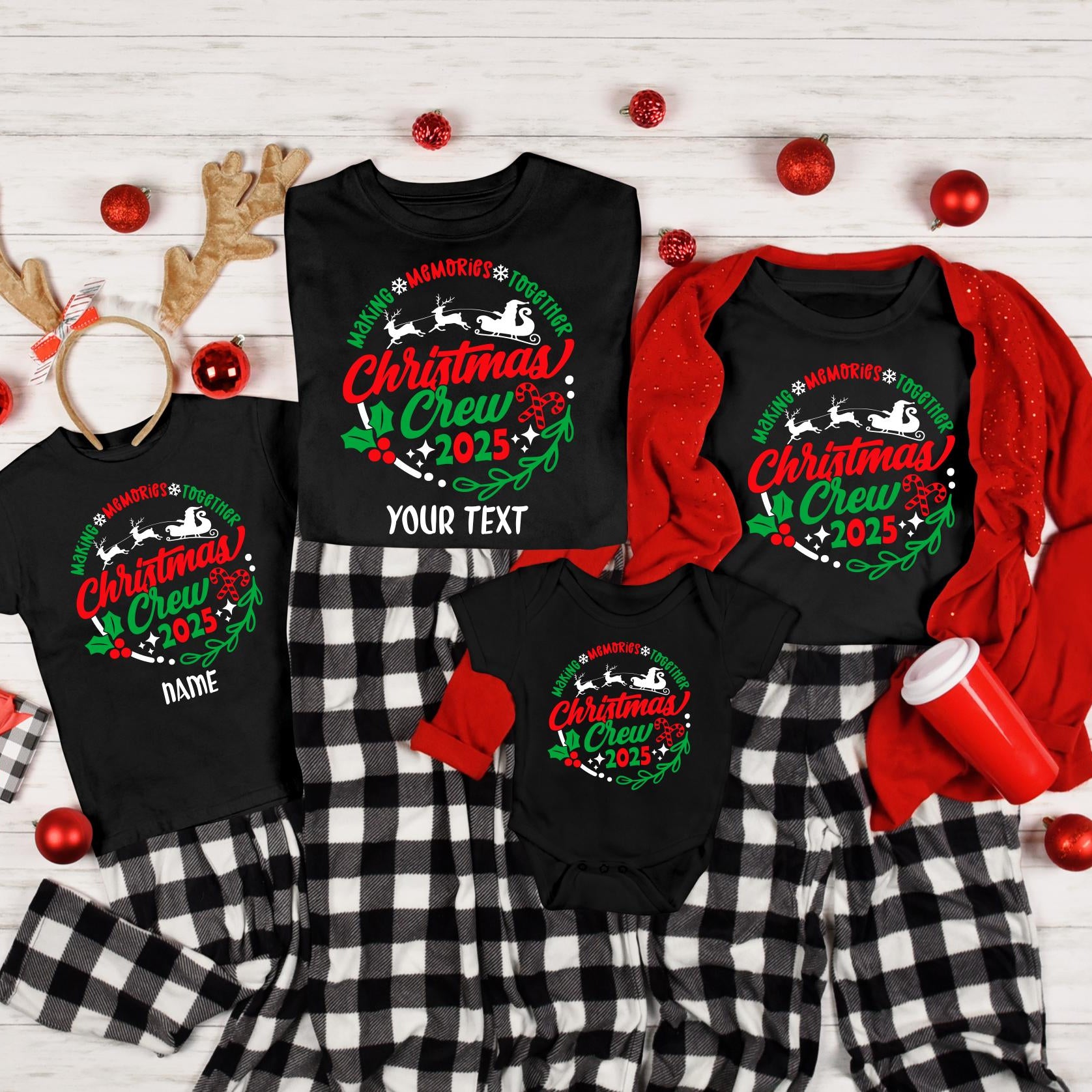 Black Christmas shirts with “Making Memories Together – Christmas Crew 2025” design, personalized family matching holiday outfit