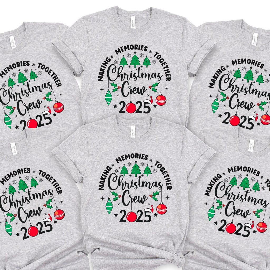 Christmas Crew 2025 matching family t-shirts – festive black shirts with Christmas trees and ornaments design