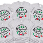 Christmas Crew 2025 matching family t-shirts – festive black shirts with Christmas trees and ornaments design