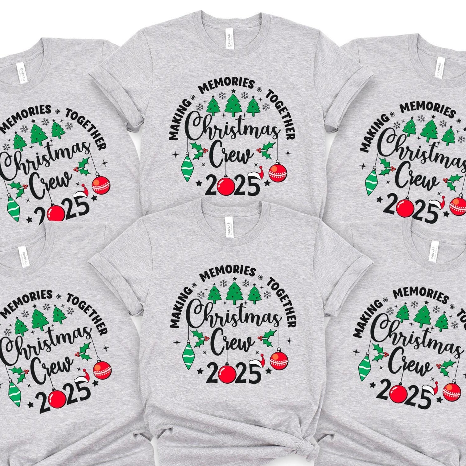 Christmas Crew 2025 matching family t-shirts – festive black shirts with Christmas trees and ornaments design