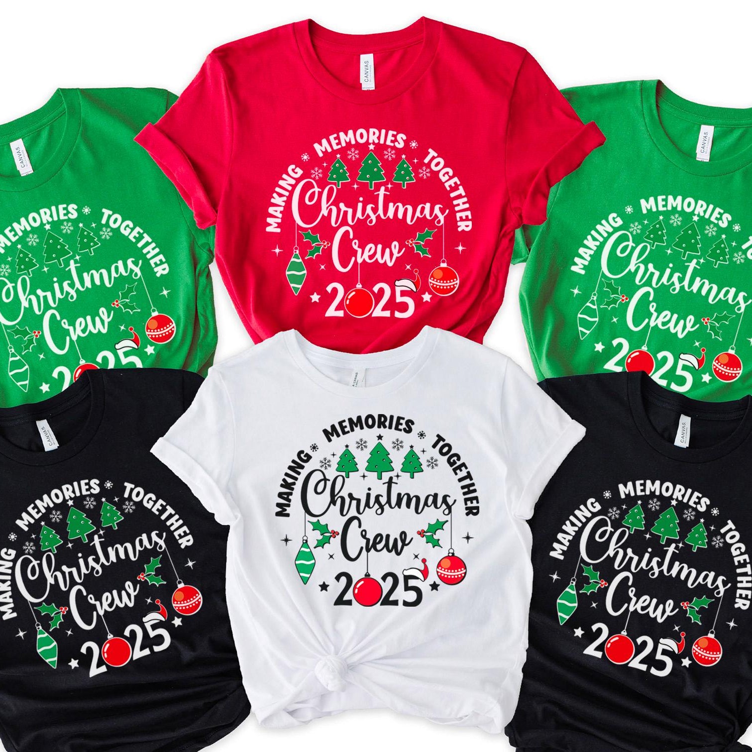 Christmas Crew 2025 matching family t-shirts – festive black shirts with Christmas trees and ornaments design
