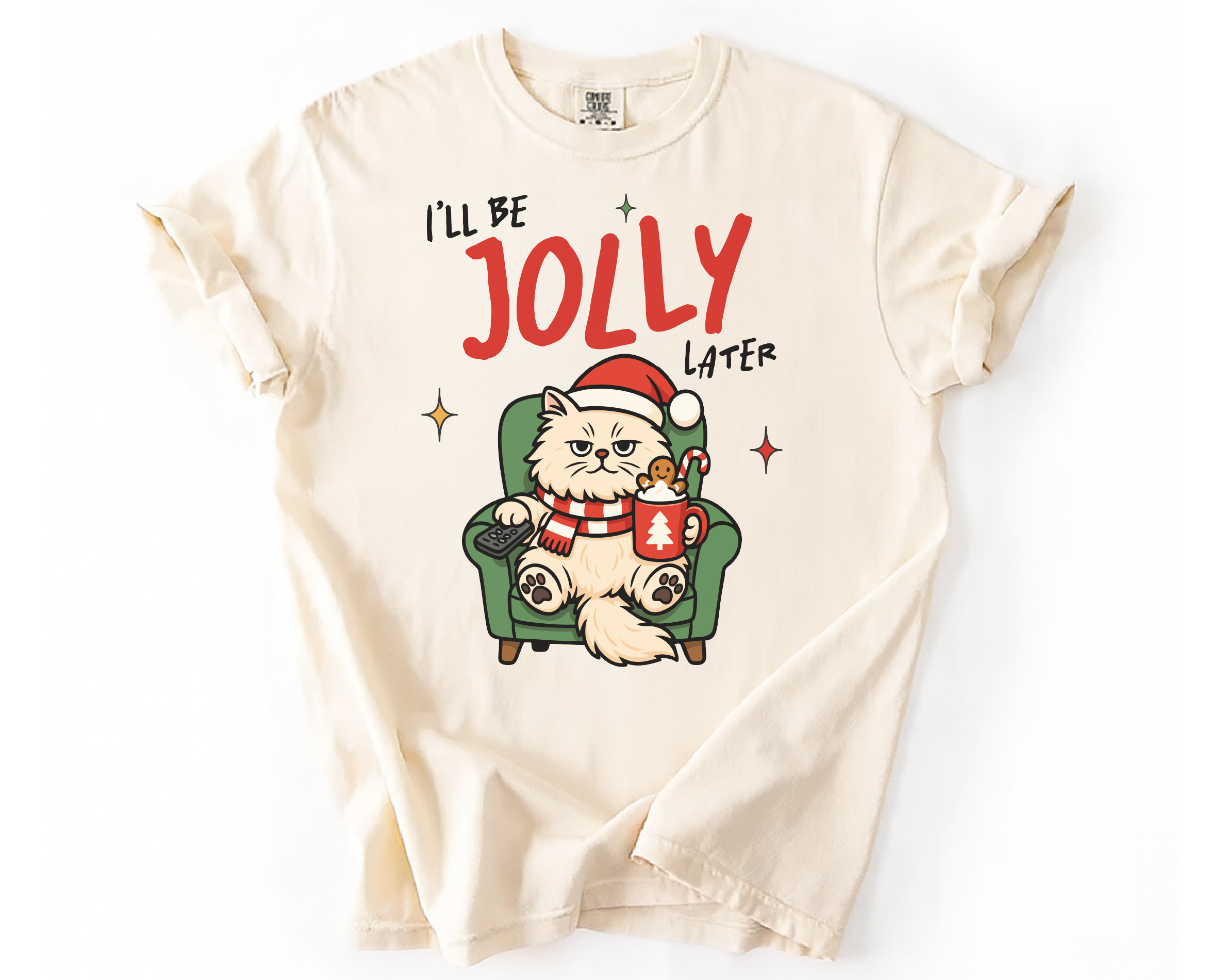 I'll Be Jolly Later Cat Christmas Shirt – Funny Grumpy Cat Holiday Tee, Cute Lazy Cat Santa T-Shirt Gift