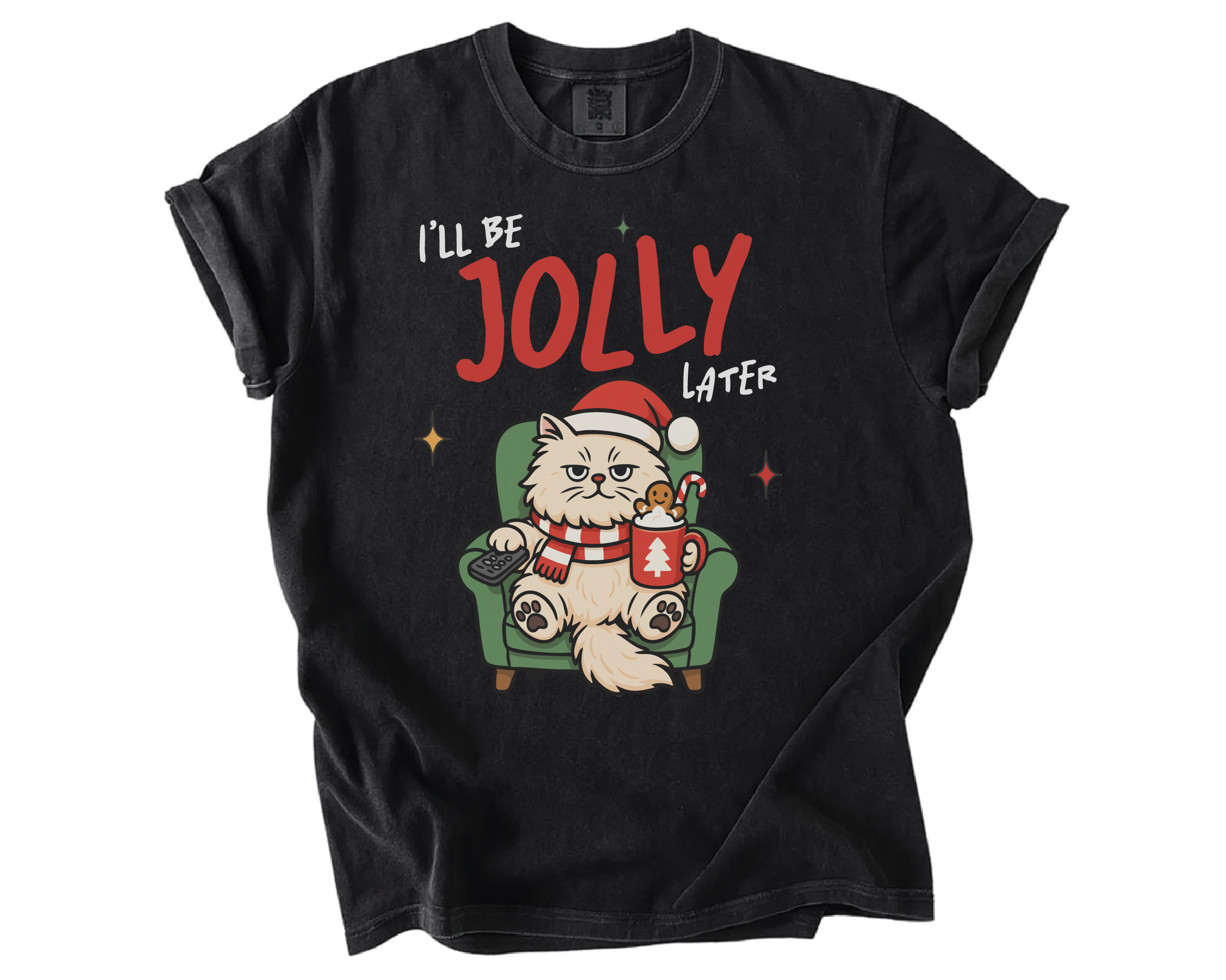 I'll Be Jolly Later Cat Christmas Shirt – Funny Grumpy Cat Holiday Tee, Cute Lazy Cat Santa T-Shirt Gift