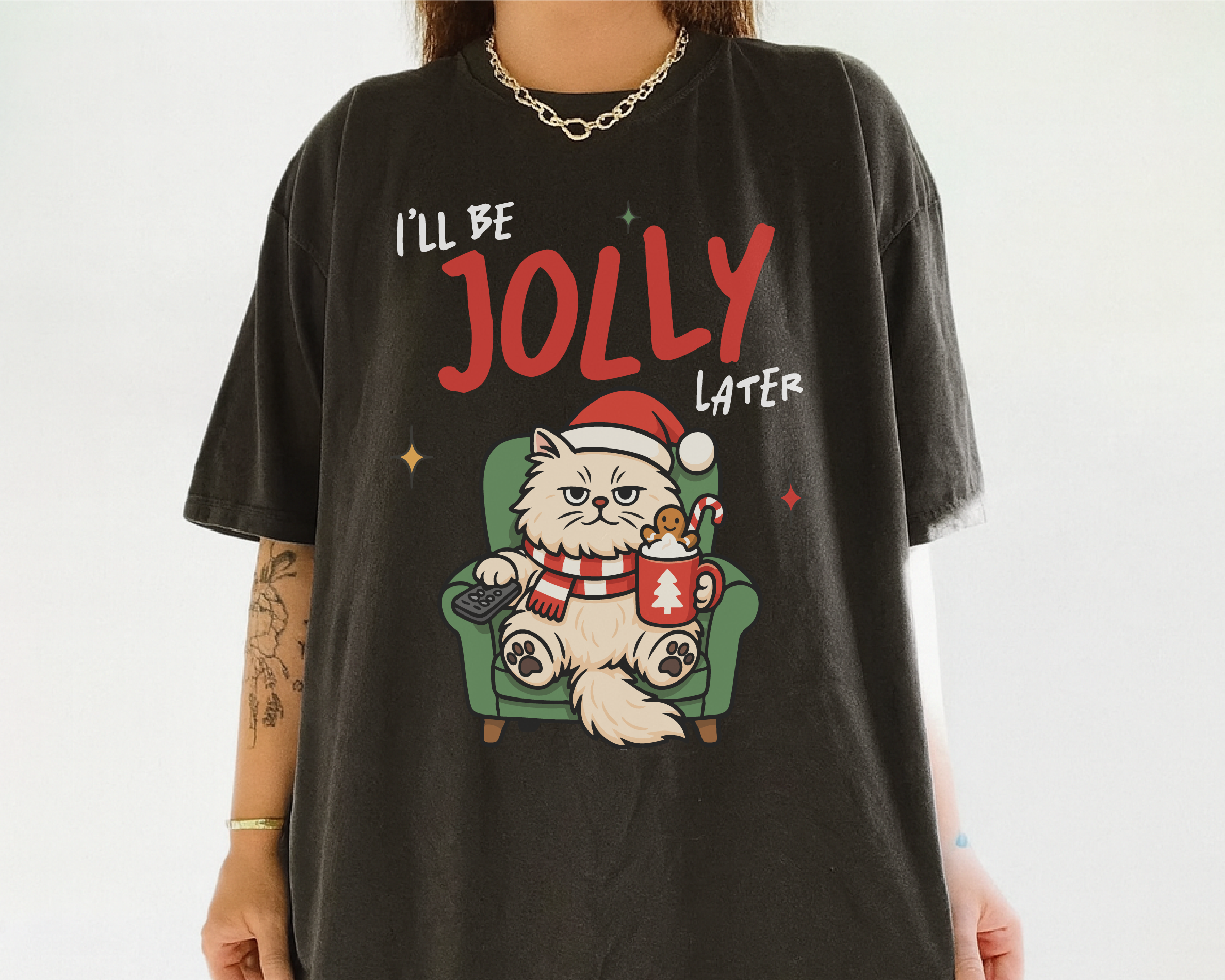 I'll Be Jolly Later Cat Christmas Shirt – Funny Grumpy Cat Holiday Tee, Cute Lazy Cat Santa T-Shirt Gift