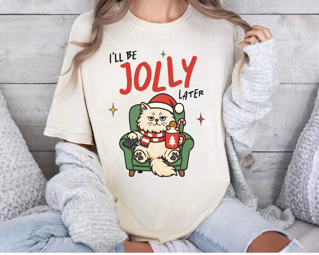I'll Be Jolly Later Cat Christmas Shirt – Funny Grumpy Cat Holiday Tee, Cute Lazy Cat Santa T-Shirt Gift