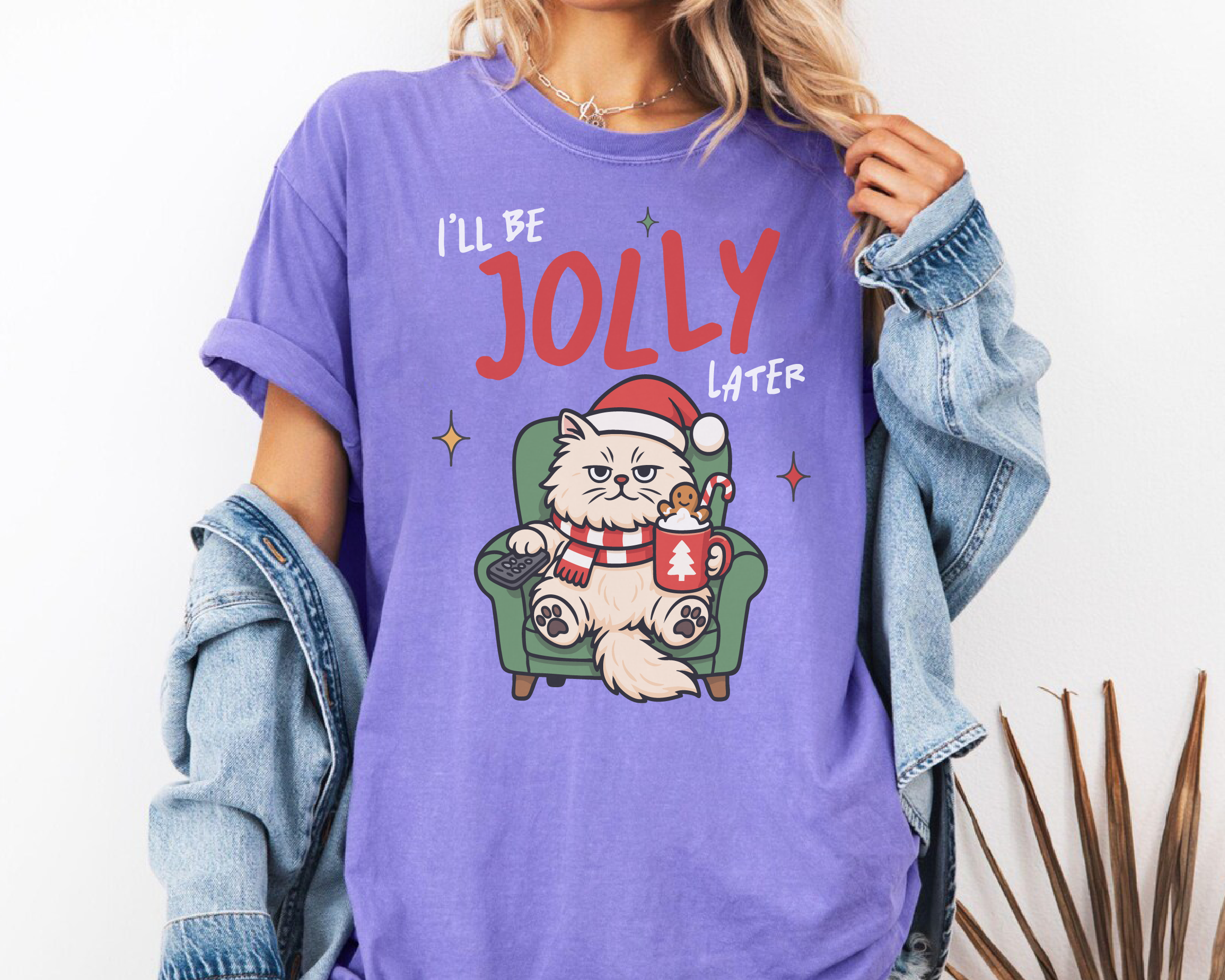 I'll Be Jolly Later Cat Christmas Shirt – Funny Grumpy Cat Holiday Tee, Cute Lazy Cat Santa T-Shirt Gift