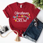 Christmas Crew T-shirts with colorful holiday light design – matching family Christmas shirts in red and black colors