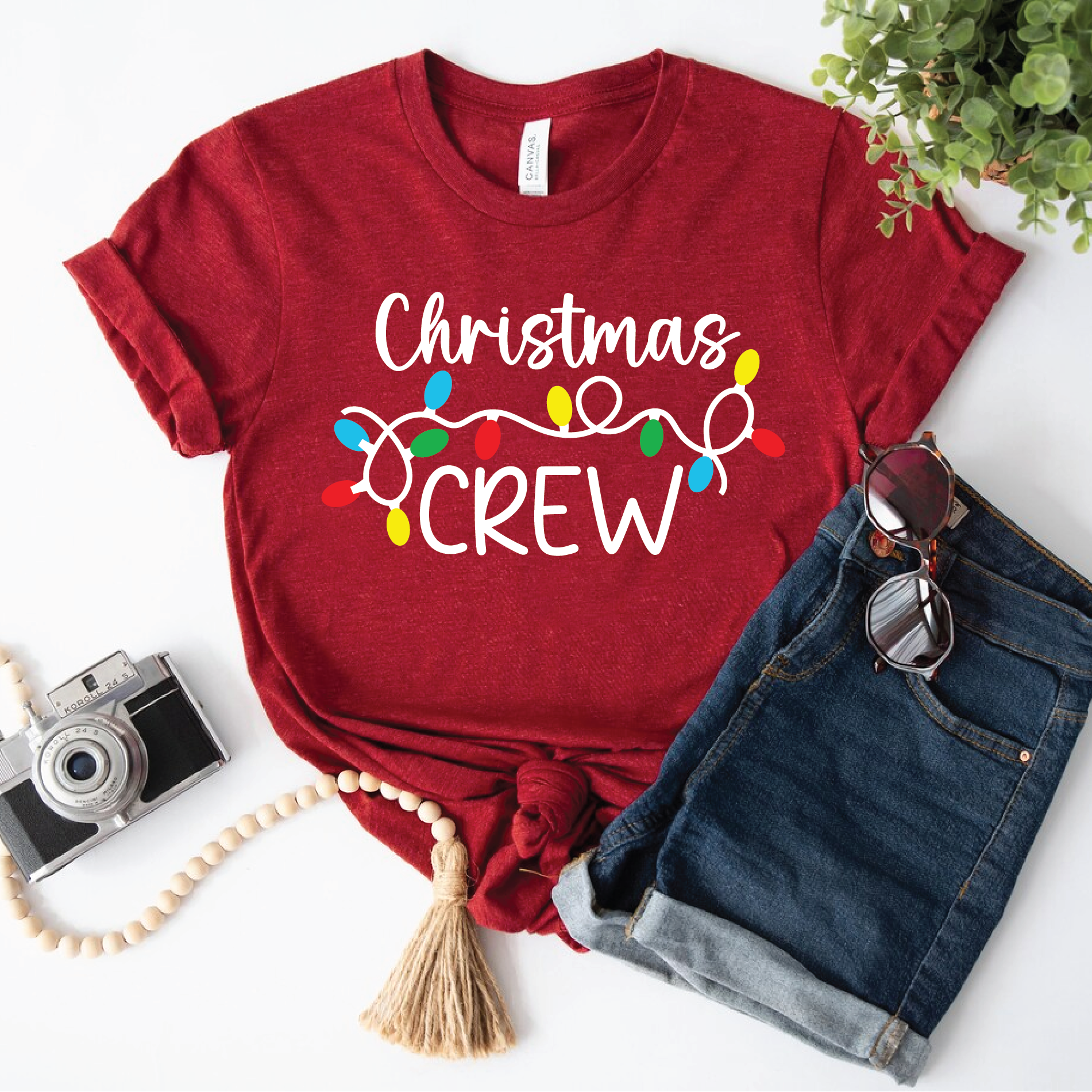 Christmas Crew T-shirts with colorful holiday light design – matching family Christmas shirts in red and black colors