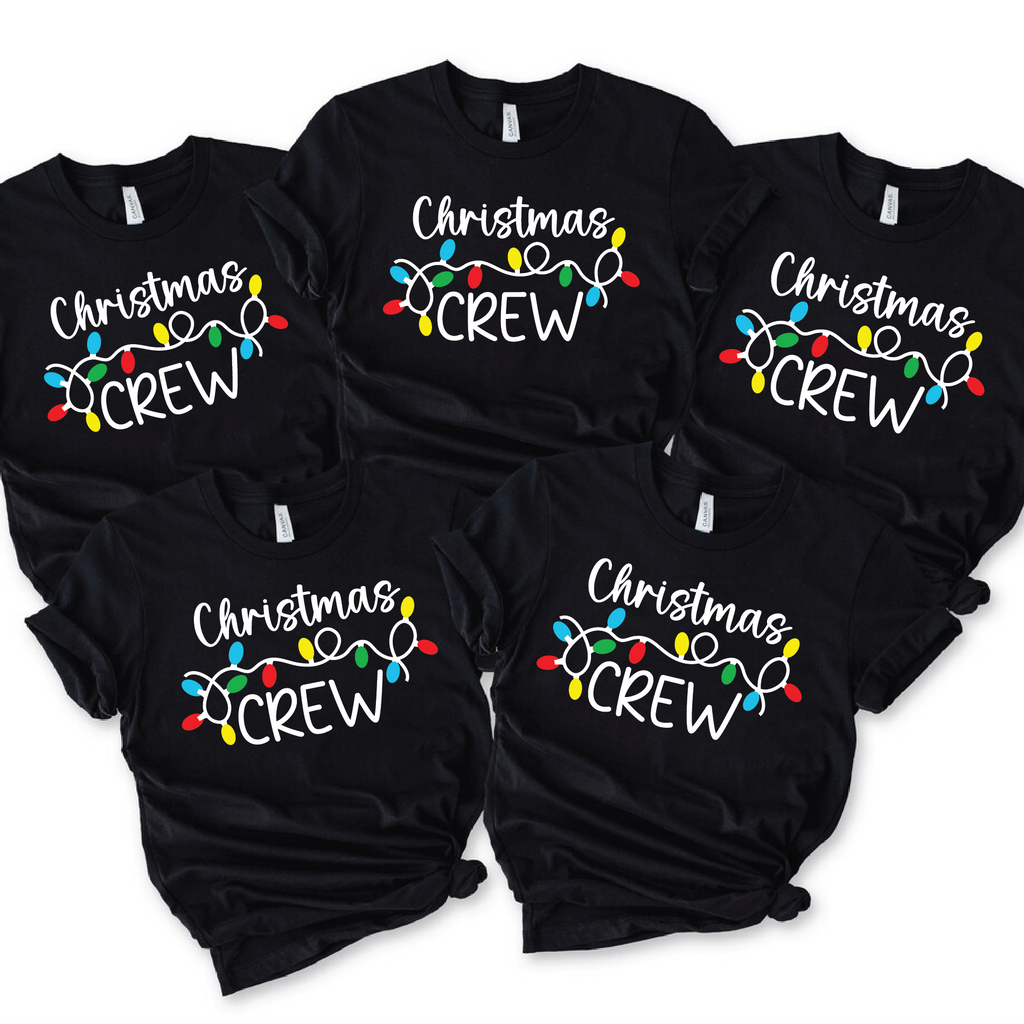 “Christmas Crew T-shirts with colorful holiday light design – matching family Christmas shirts in red and black colors”