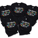 “Christmas Crew T-shirts with colorful holiday light design – matching family Christmas shirts in red and black colors”