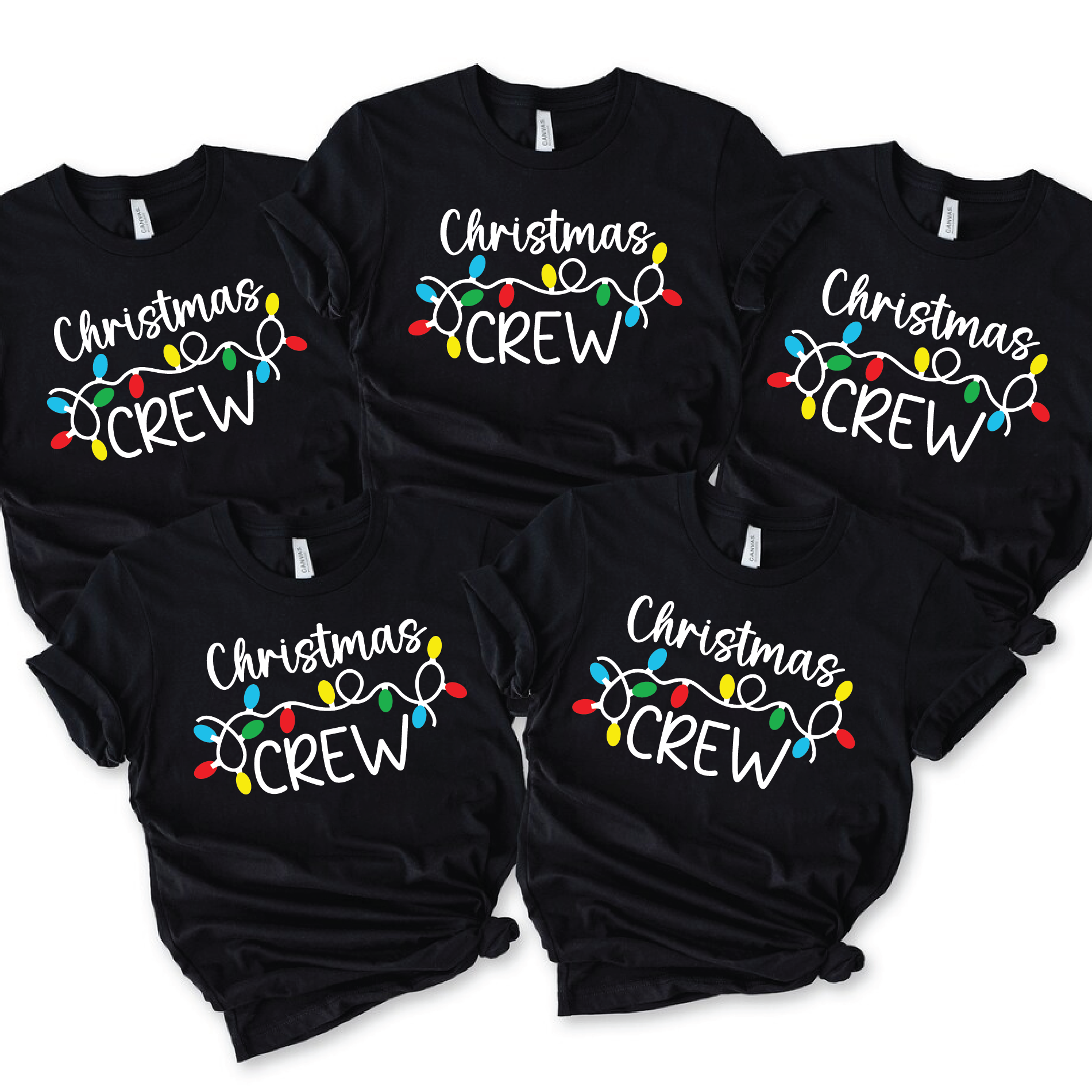 “Christmas Crew T-shirts with colorful holiday light design – matching family Christmas shirts in red and black colors”