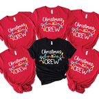 “Christmas Crew T-shirts with colorful holiday light design – matching family Christmas shirts in red and black colors”