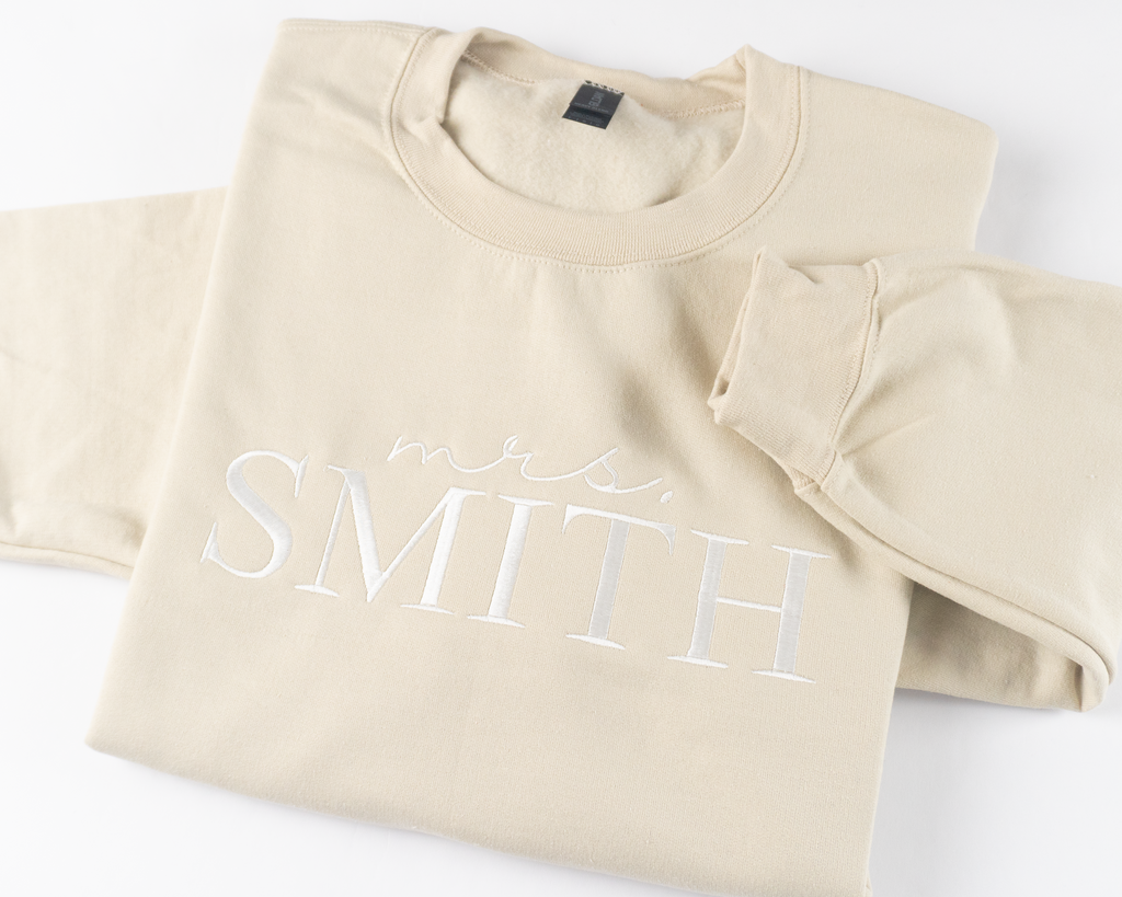 Custom Embroidered Mrs. Sweatshirt - Script & Serif Last Name Crewneck
