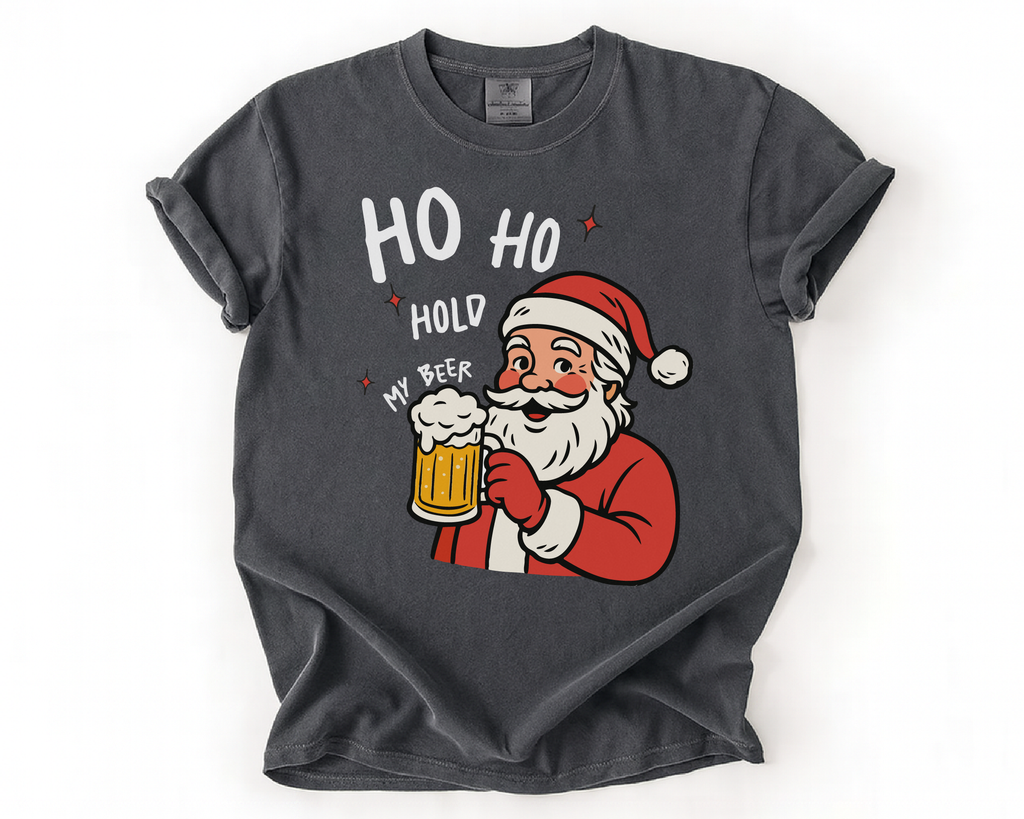 Ho Ho Hold My Beer Santa Shirt – Funny Christmas Beer T-Shirt, Santa Drinking Tee for Men, Holiday Party Gift
