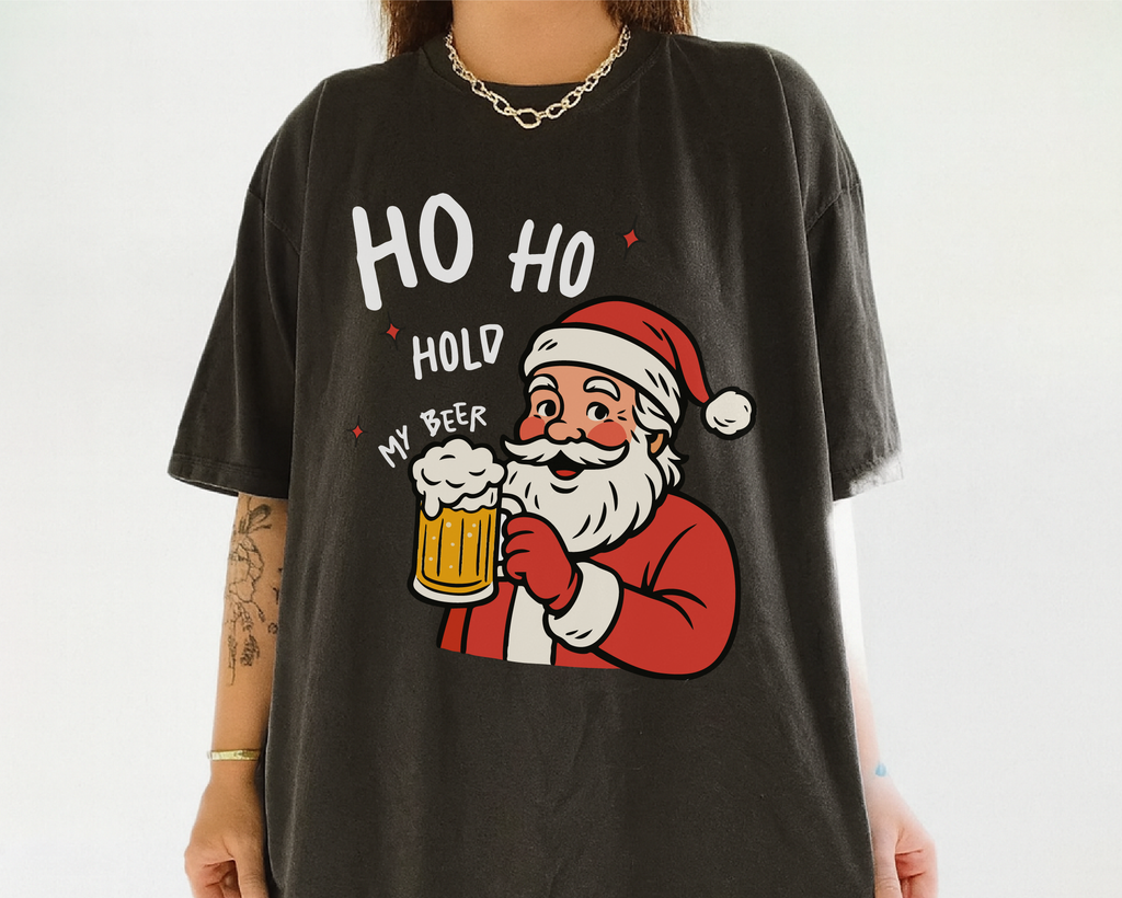 Ho Ho Hold My Beer Santa Shirt – Funny Christmas Beer T-Shirt, Santa Drinking Tee for Men, Holiday Party Gift